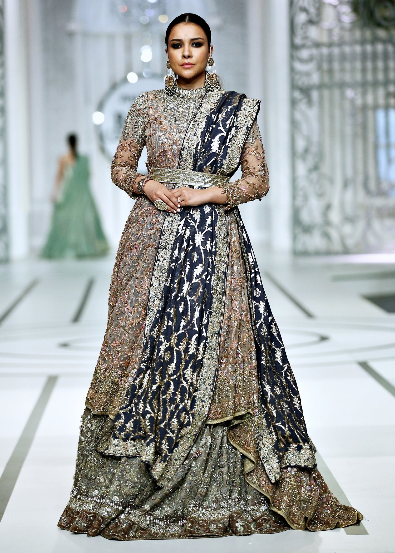 Pakistani Coffee Beige Embellished French Net Hi-Low Gown (3-Piece) - Image 5