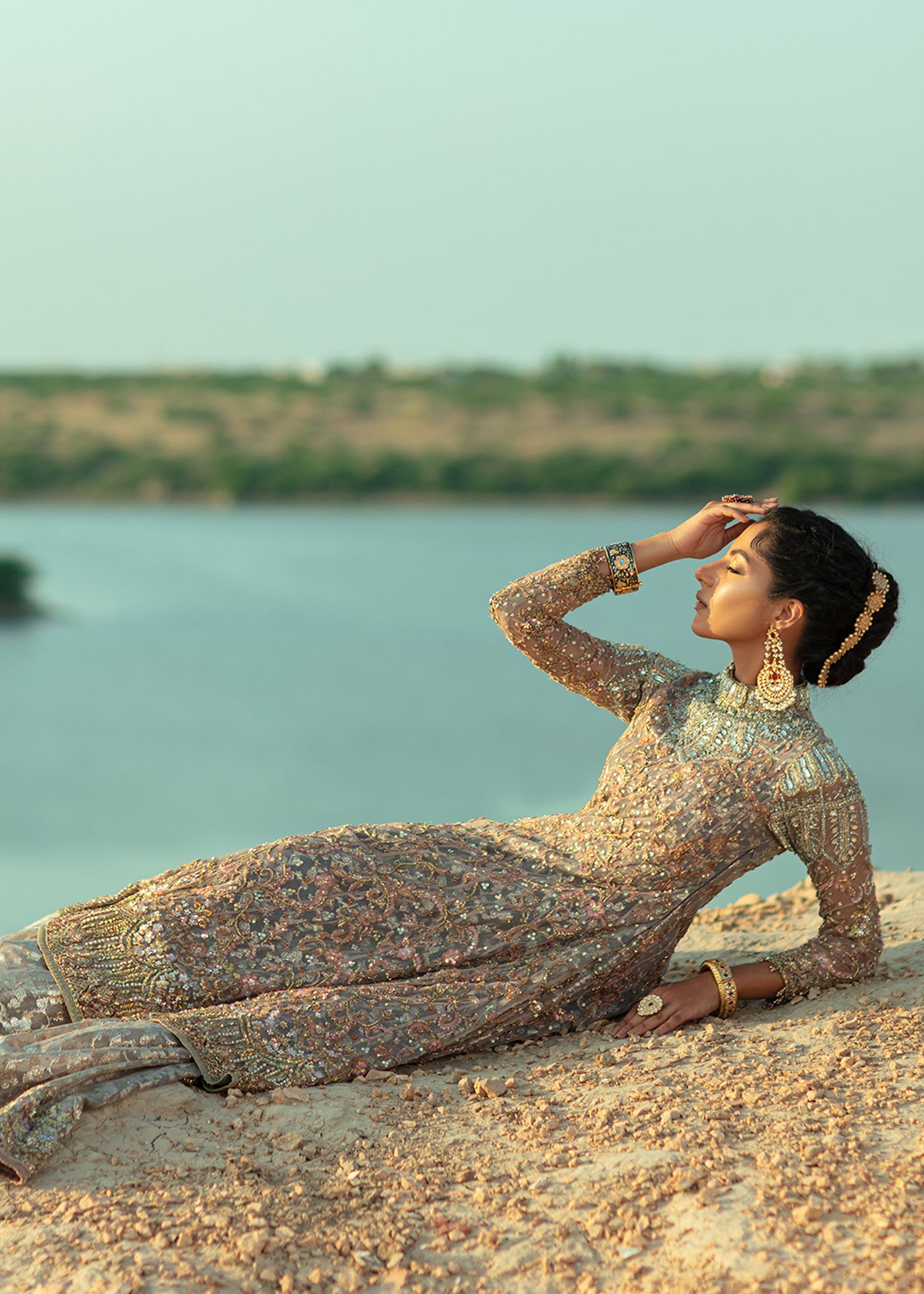 Pakistani Coffee Beige Embellished French Net Hi-Low Gown (3-Piece) - Image 6