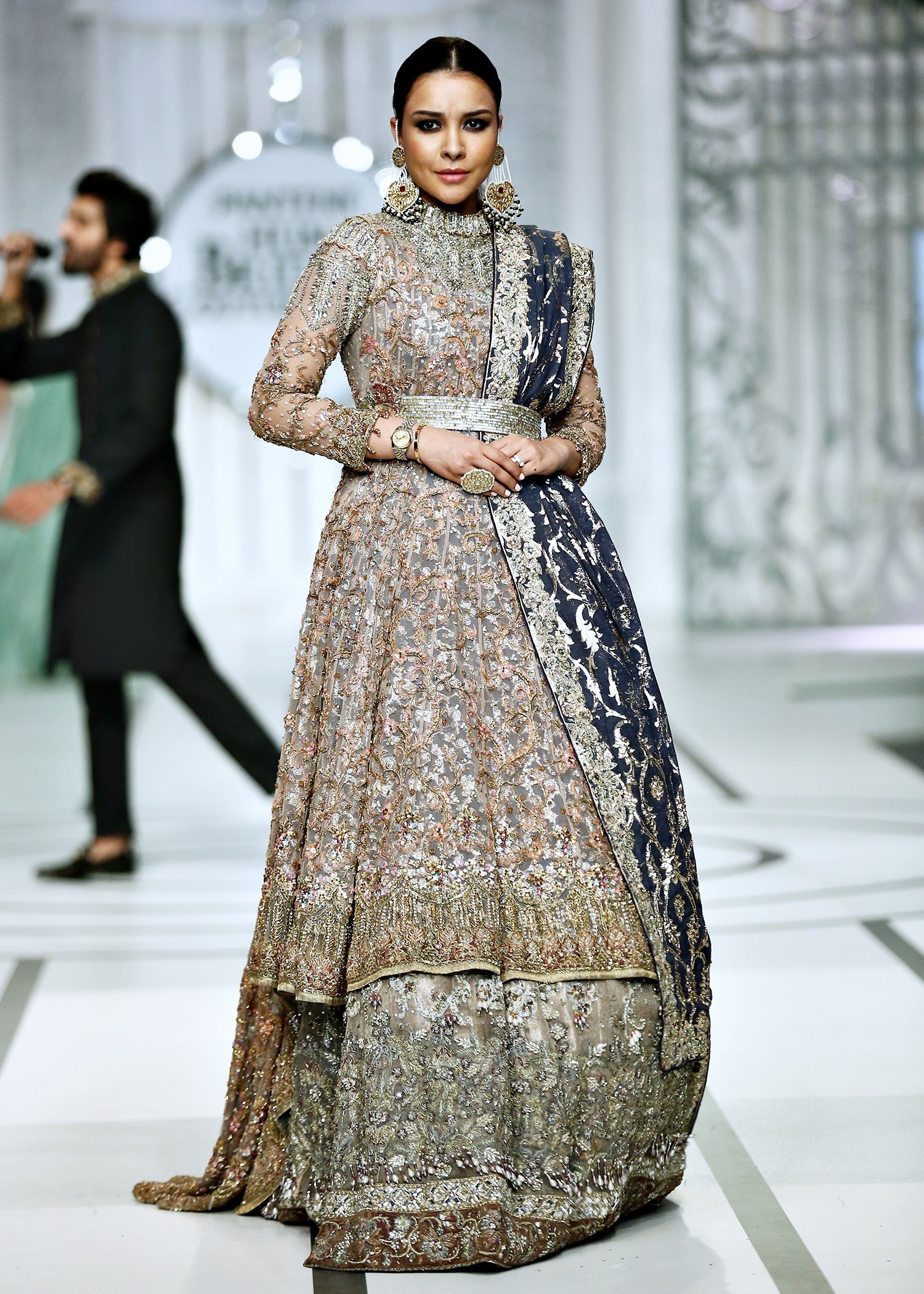 Pakistani Coffee Beige Embellished French Net Hi-Low Gown (3-Piece) - Image 7