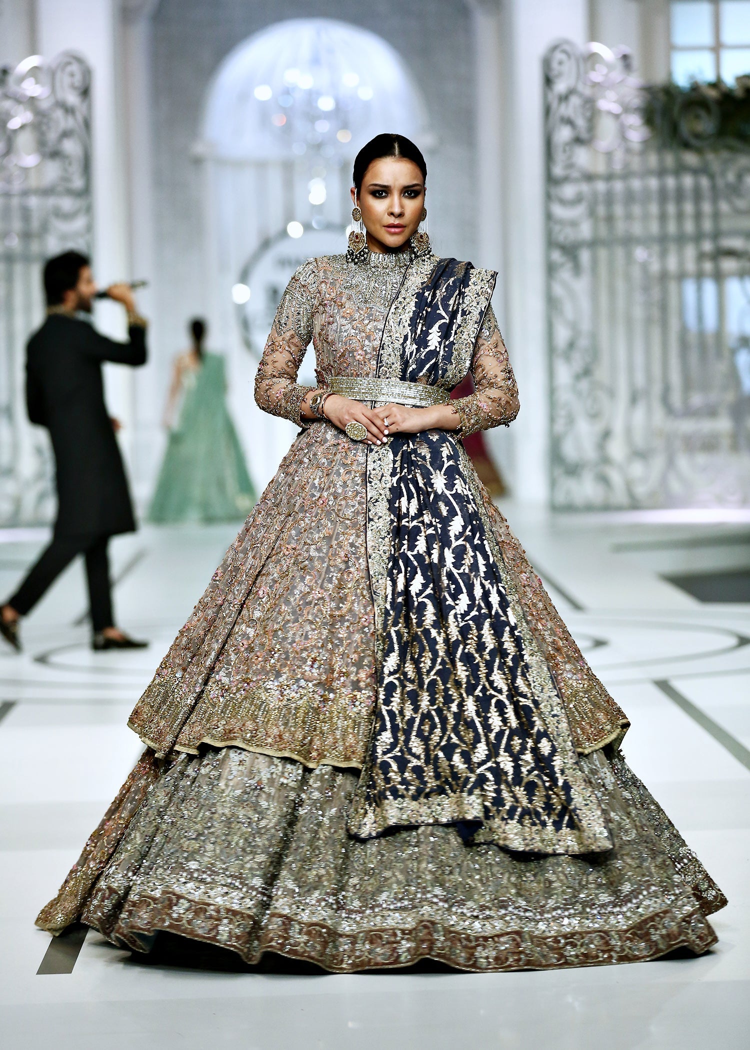 Pakistani Coffee Beige Embellished French Net Hi-Low Gown (3-Piece) - Image 8