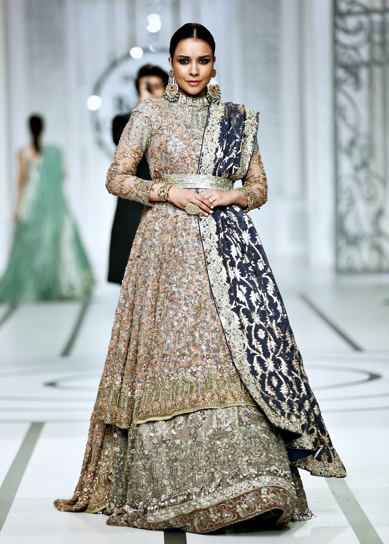 Pakistani Coffee Beige Embellished French Net Hi-Low Gown (3-Piece) - Image 9