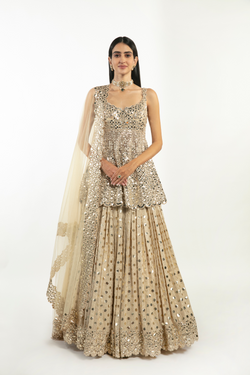 Pakistani Beige Resham & Mirror Work Monga Net Peplum Lehenga (3-Piece) - Image 1