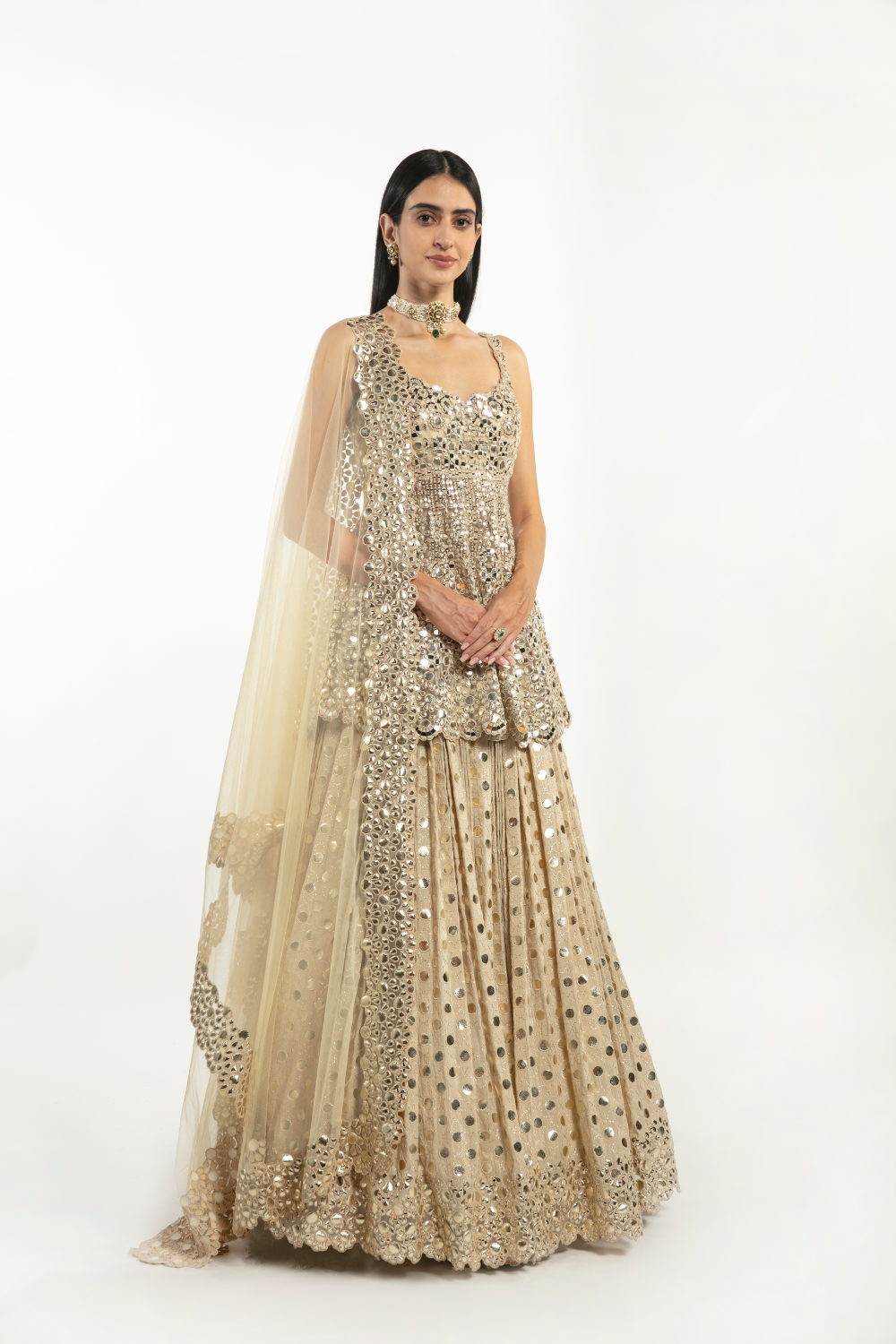 Pakistani Beige Resham & Mirror Work Monga Net Peplum Lehenga (3-Piece) - Image 4