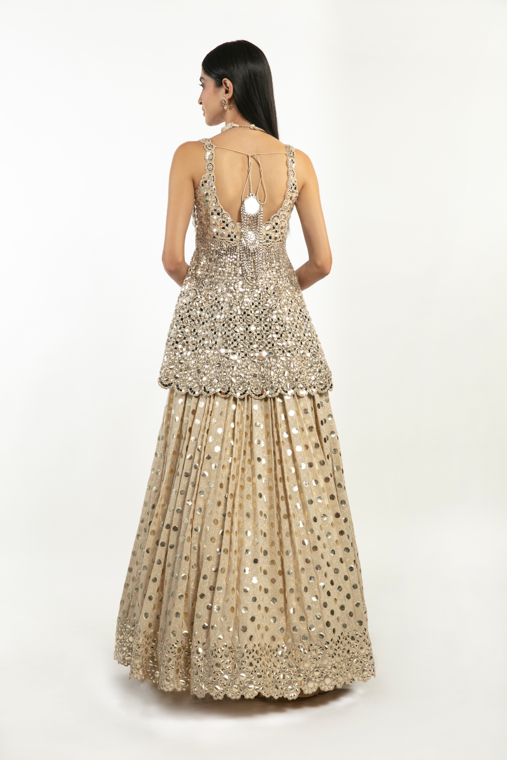 Pakistani Beige Resham & Mirror Work Monga Net Peplum Lehenga (3-Piece) - Image 5