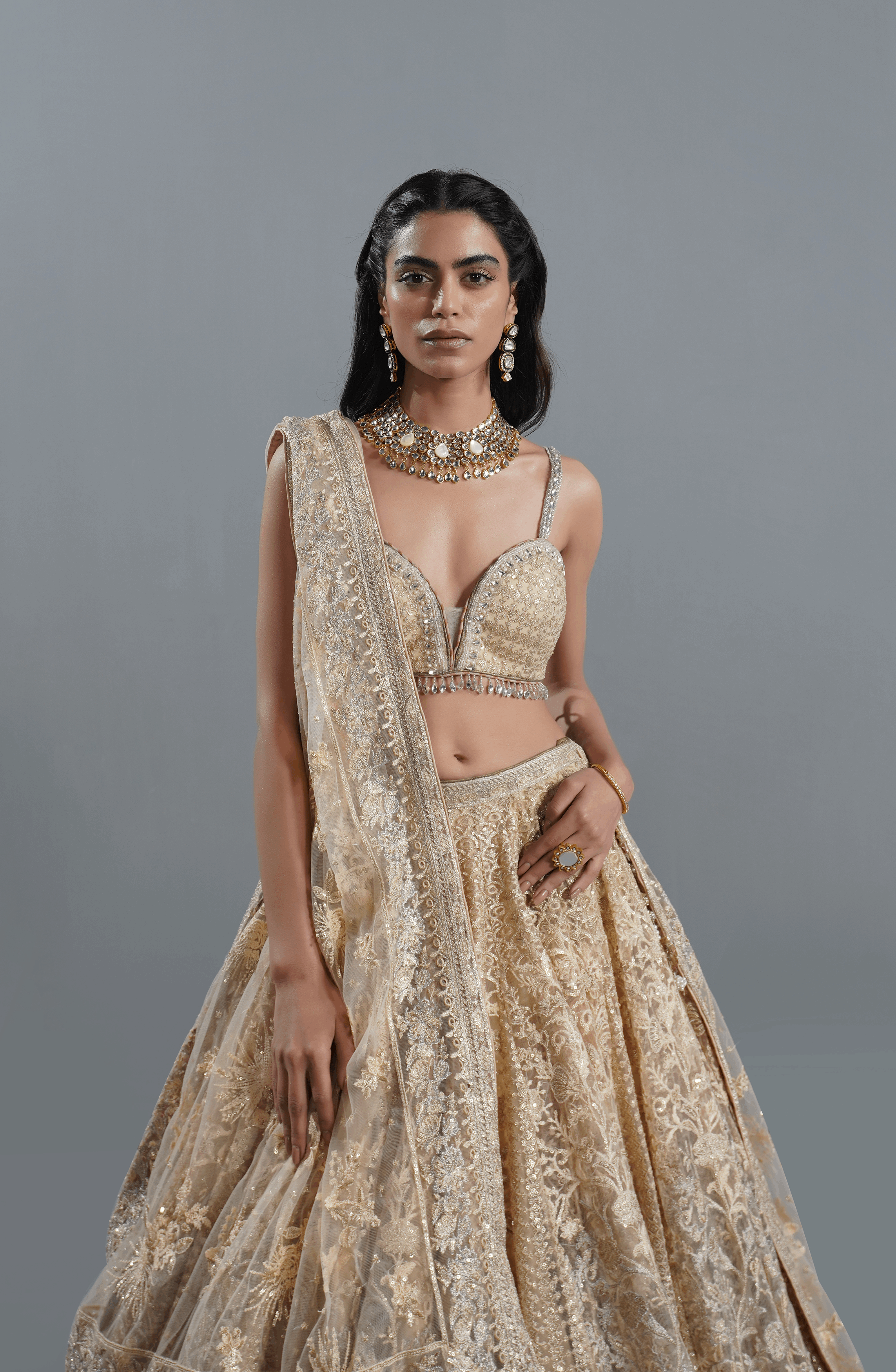 Light Beige Embroidered Net Lehenga Choli (3-Piece) - Image 1
