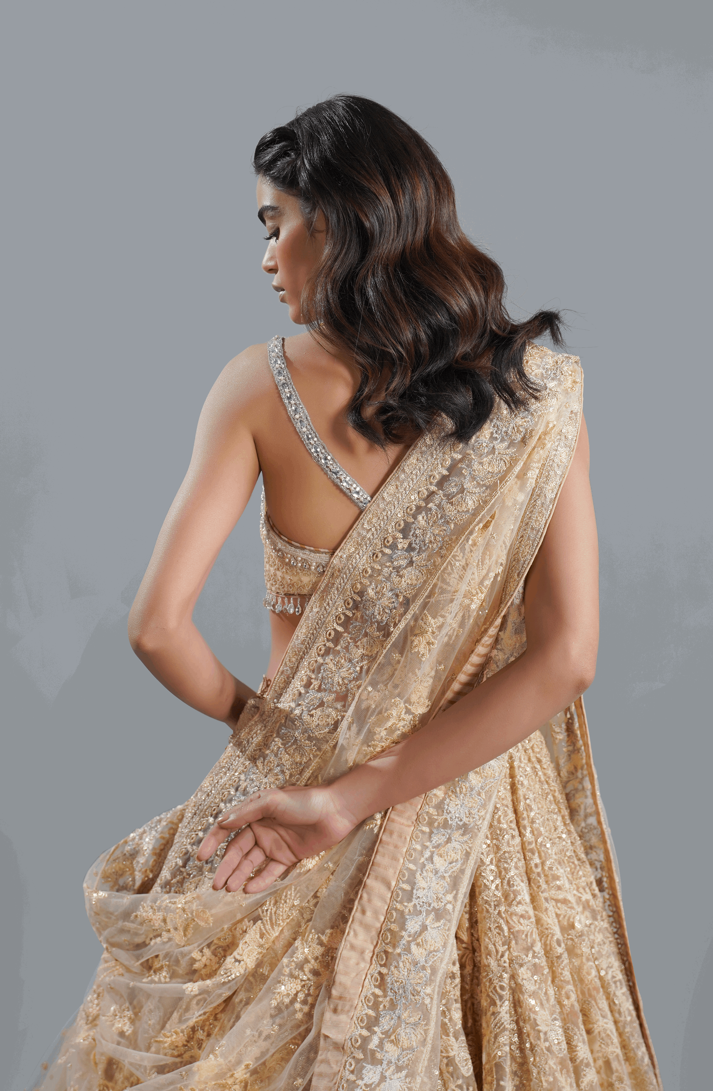 Light Beige Embroidered Net Lehenga Choli (3-Piece) - Image 5