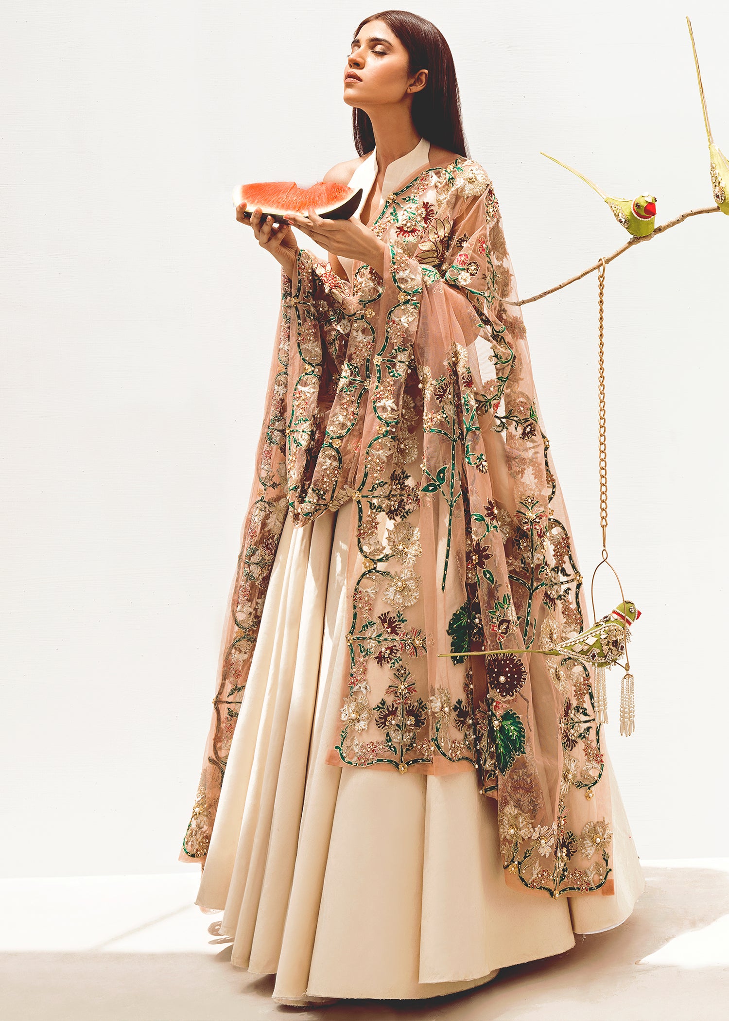 Beige Embroidered Lehenga with Collared Choli (3-Piece) - Image 1