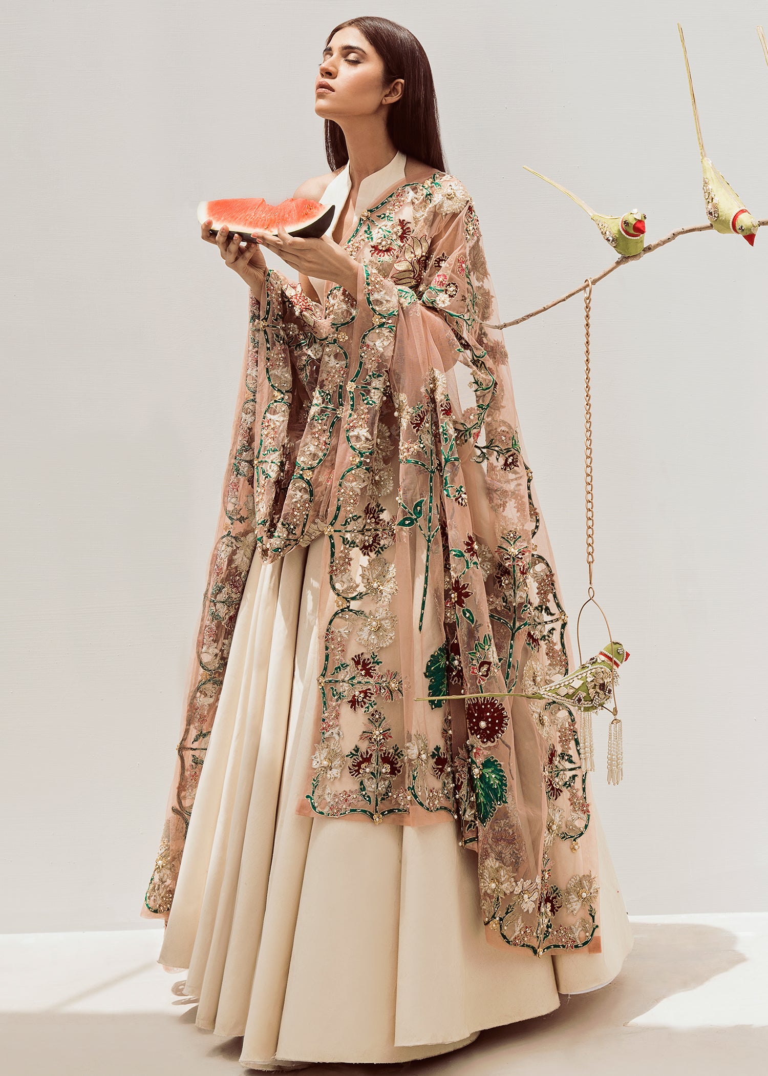 Beige Embroidered Lehenga with Collared Choli (3-Piece) - Image 3