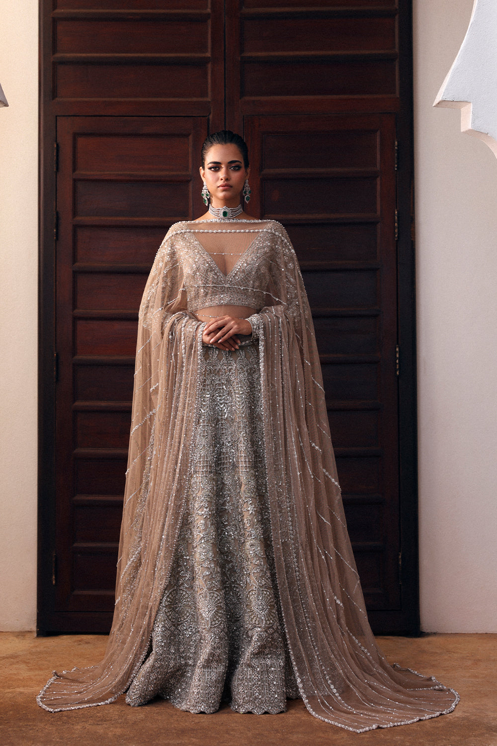 Beige Hand-Embellished Net Organza Lehnga Choli (3-Piece) - Image 1