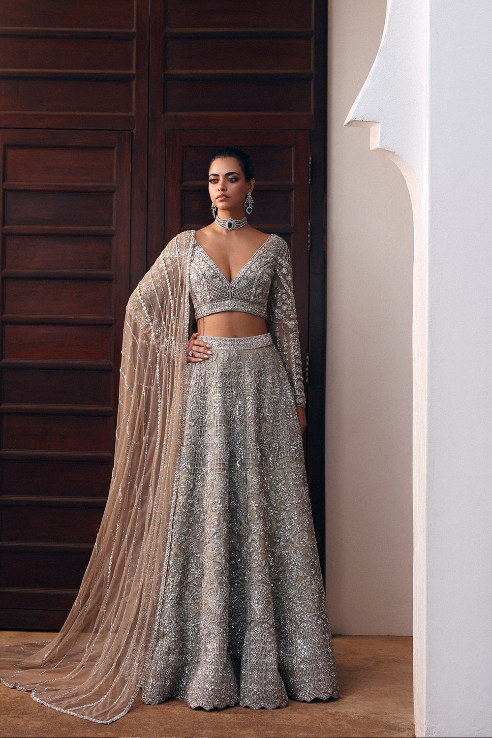 Beige Hand-Embellished Net Organza Lehnga Choli (3-Piece) - Image 2
