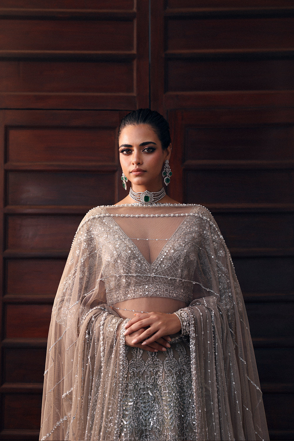 Beige Hand-Embellished Net Organza Lehnga Choli (3-Piece) - Image 5