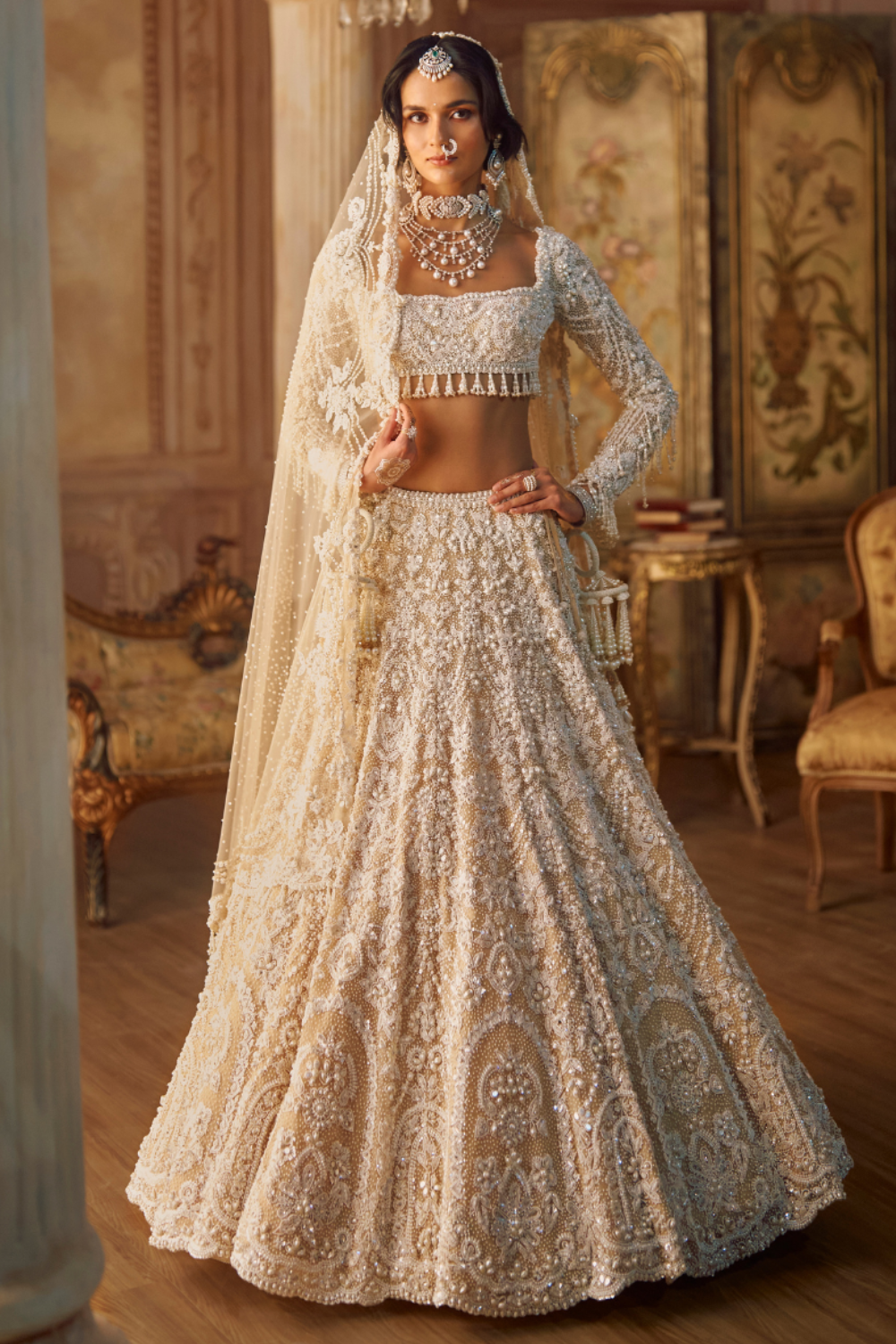 Nude Pearl & Crystal Net Lehenga Set (3-Piece) - Image 1