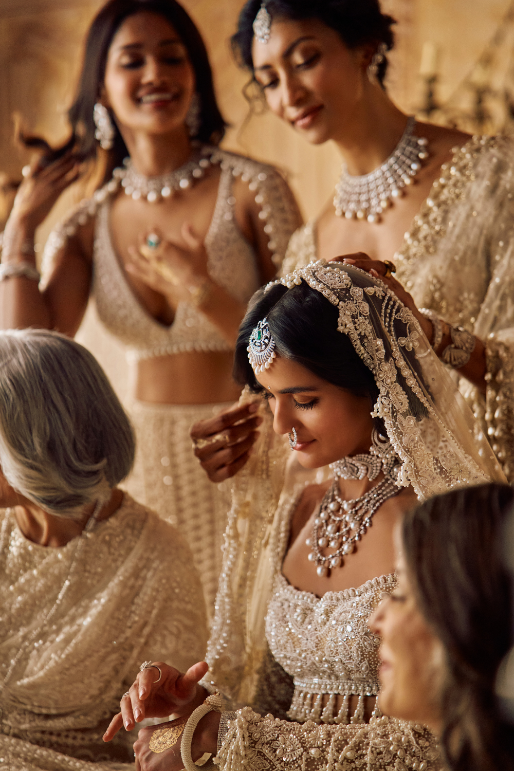 Nude Pearl & Crystal Net Lehenga Set (3-Piece) - Image 11