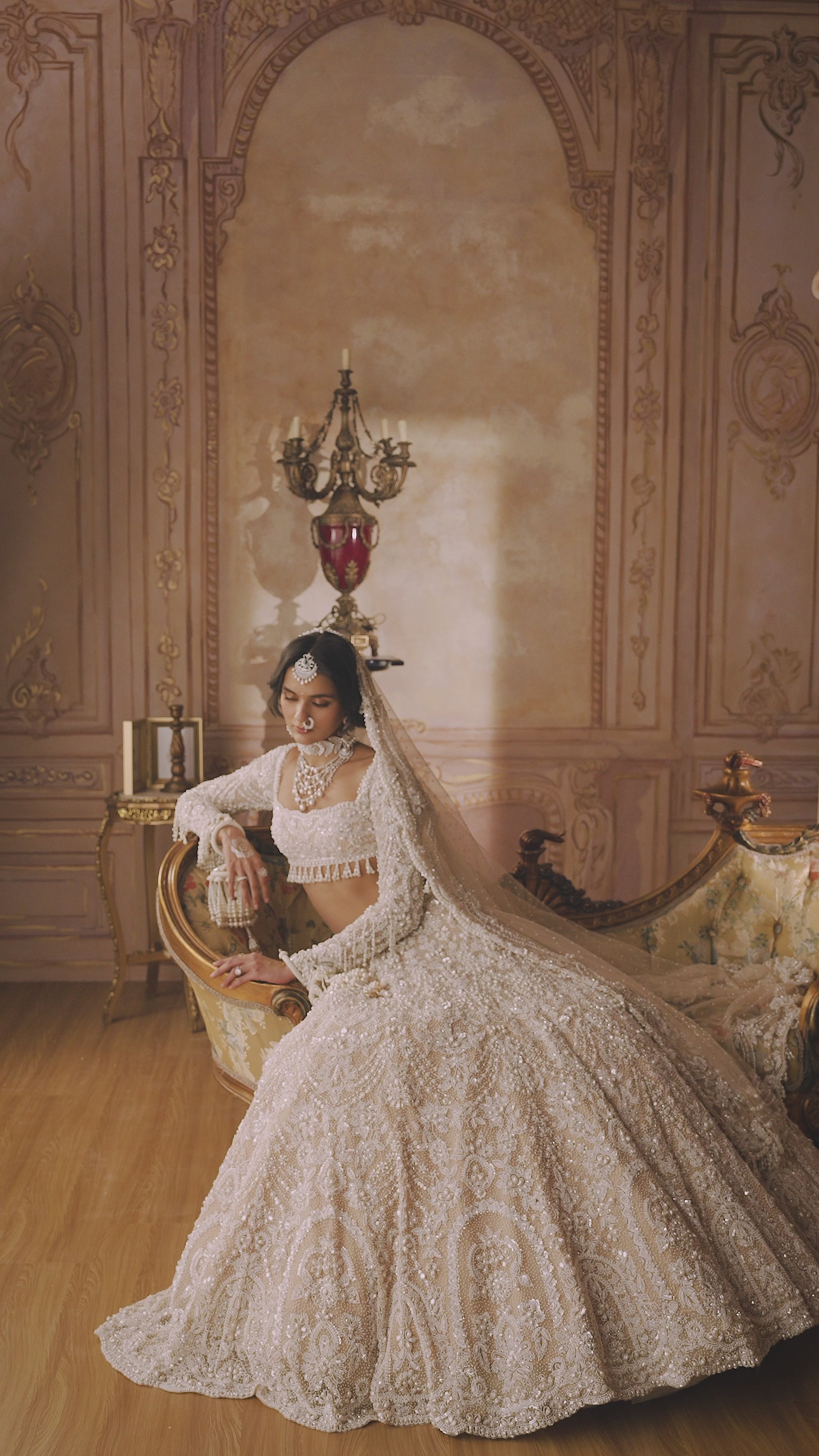 Nude Pearl & Crystal Net Lehenga Set (3-Piece) - Image 17