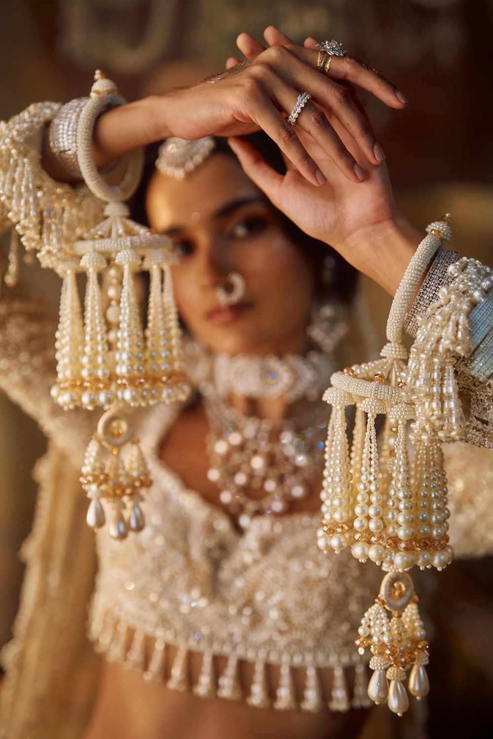 Nude Pearl & Crystal Net Lehenga Set (3-Piece) - Image 5