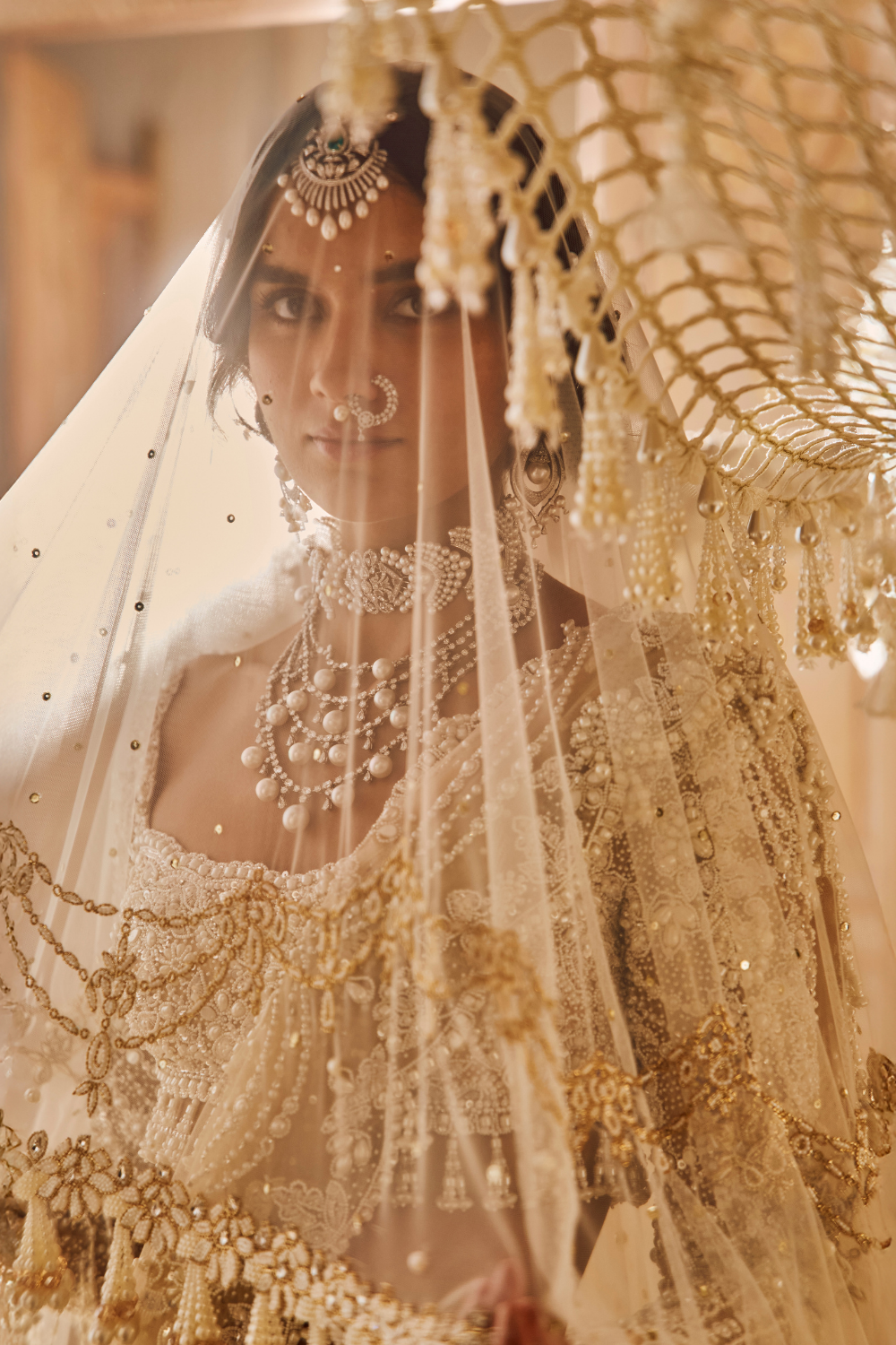 Nude Pearl & Crystal Net Lehenga Set (3-Piece) - Image 7