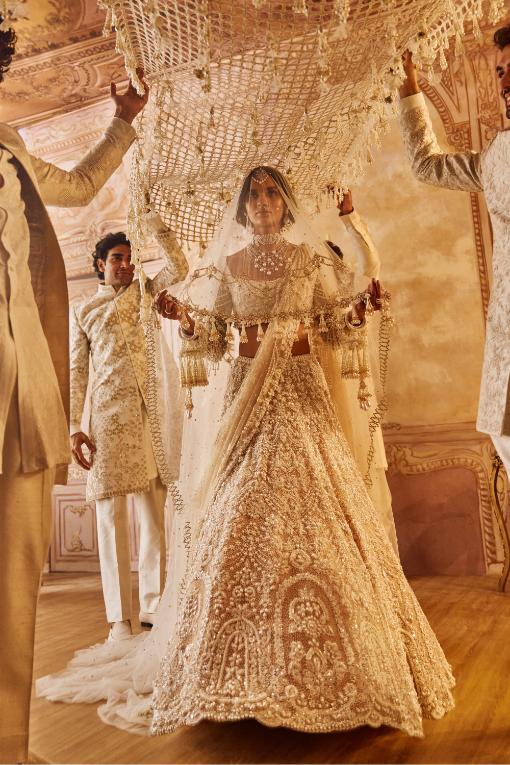 Nude Pearl & Crystal Net Lehenga Set (3-Piece) - Image 8