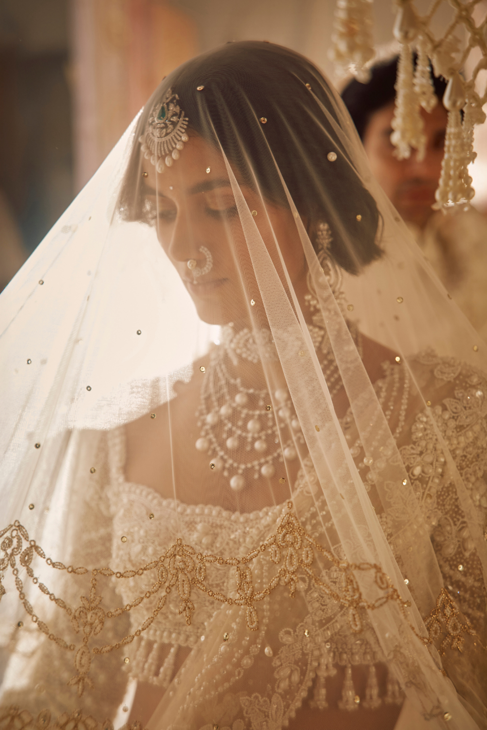 Nude Pearl & Crystal Net Lehenga Set (3-Piece) - Image 9