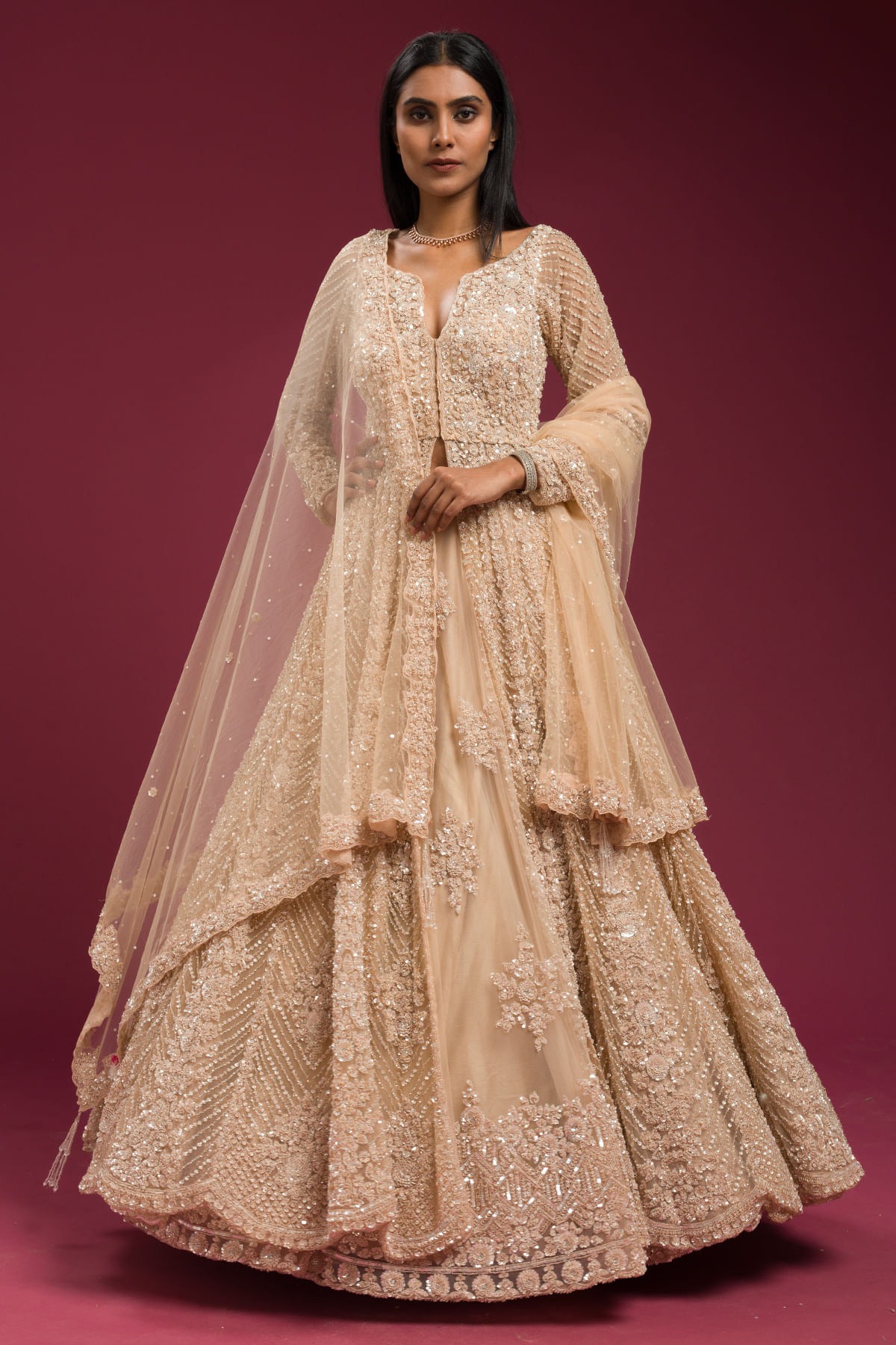 Indian Beige Pearl & Sequins Net Jacket Lehenga (3-Piece) - Image 1
