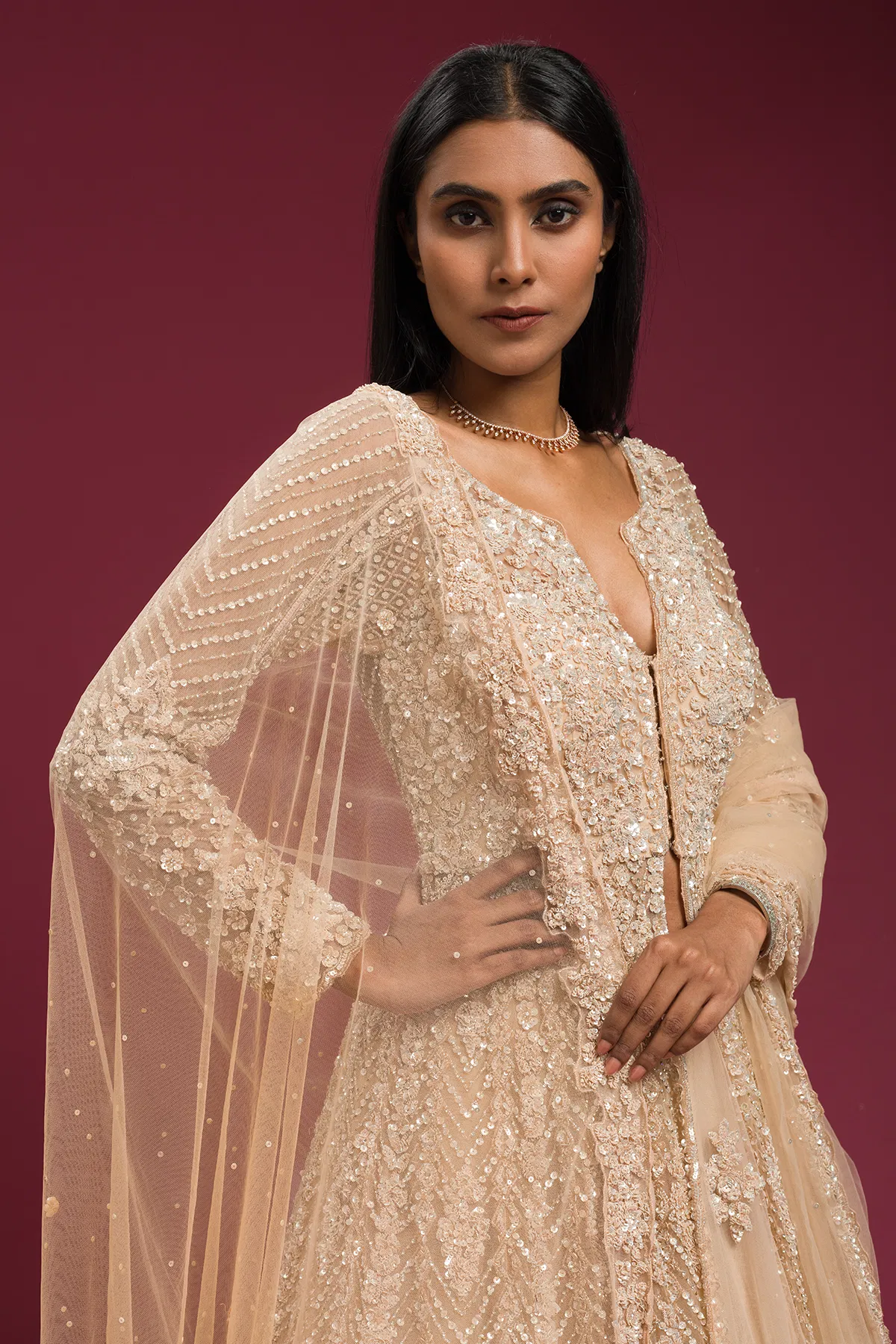 Indian Beige Pearl & Sequins Net Jacket Lehenga (3-Piece) - Image 2