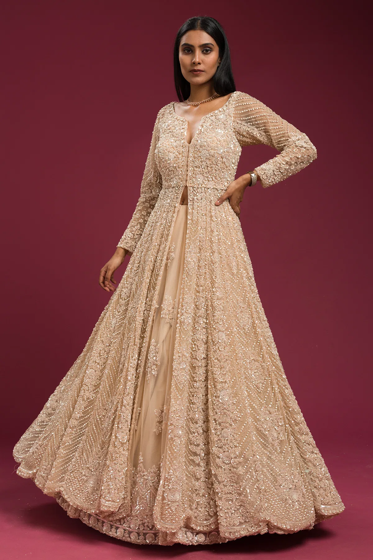 Indian Beige Pearl & Sequins Net Jacket Lehenga (3-Piece) - Image 3