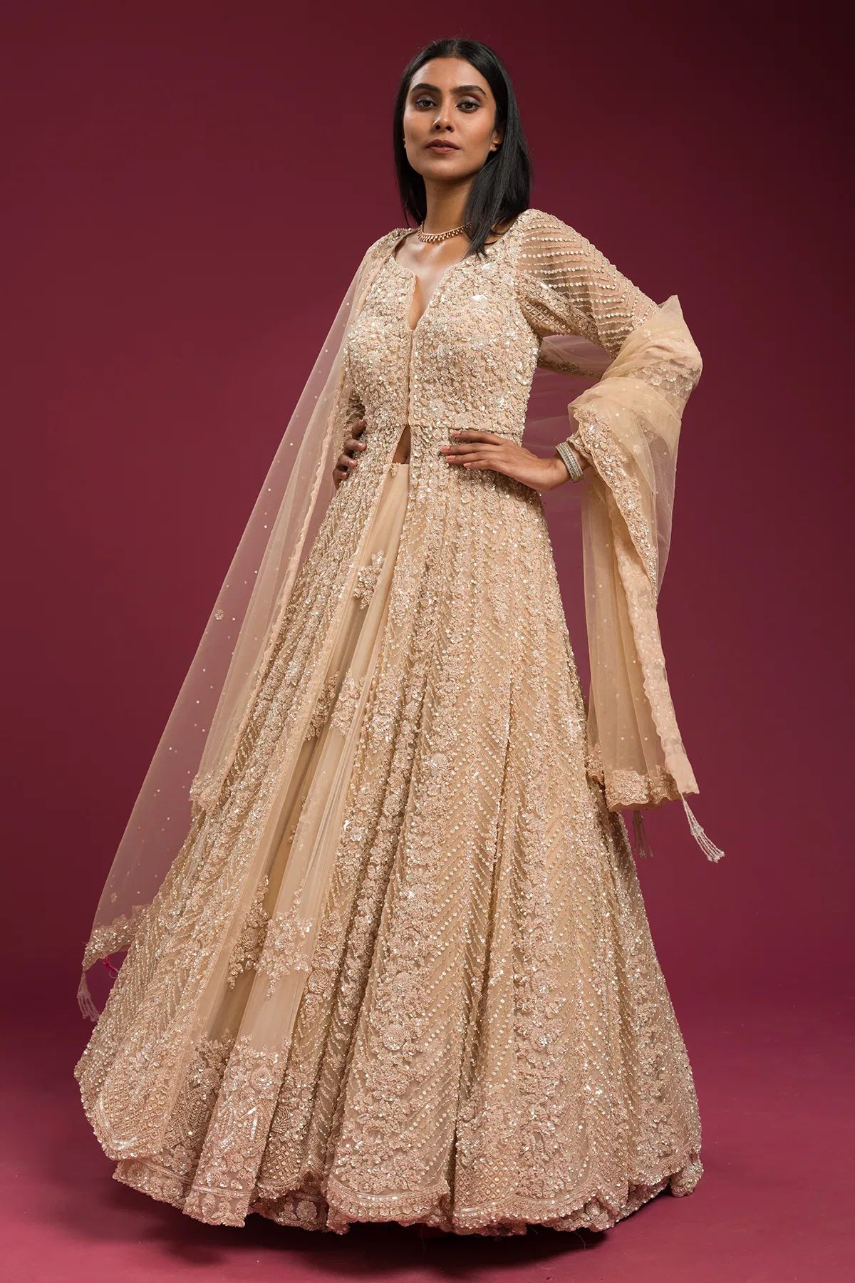 Indian Beige Pearl & Sequins Net Jacket Lehenga (3-Piece) - Image 4