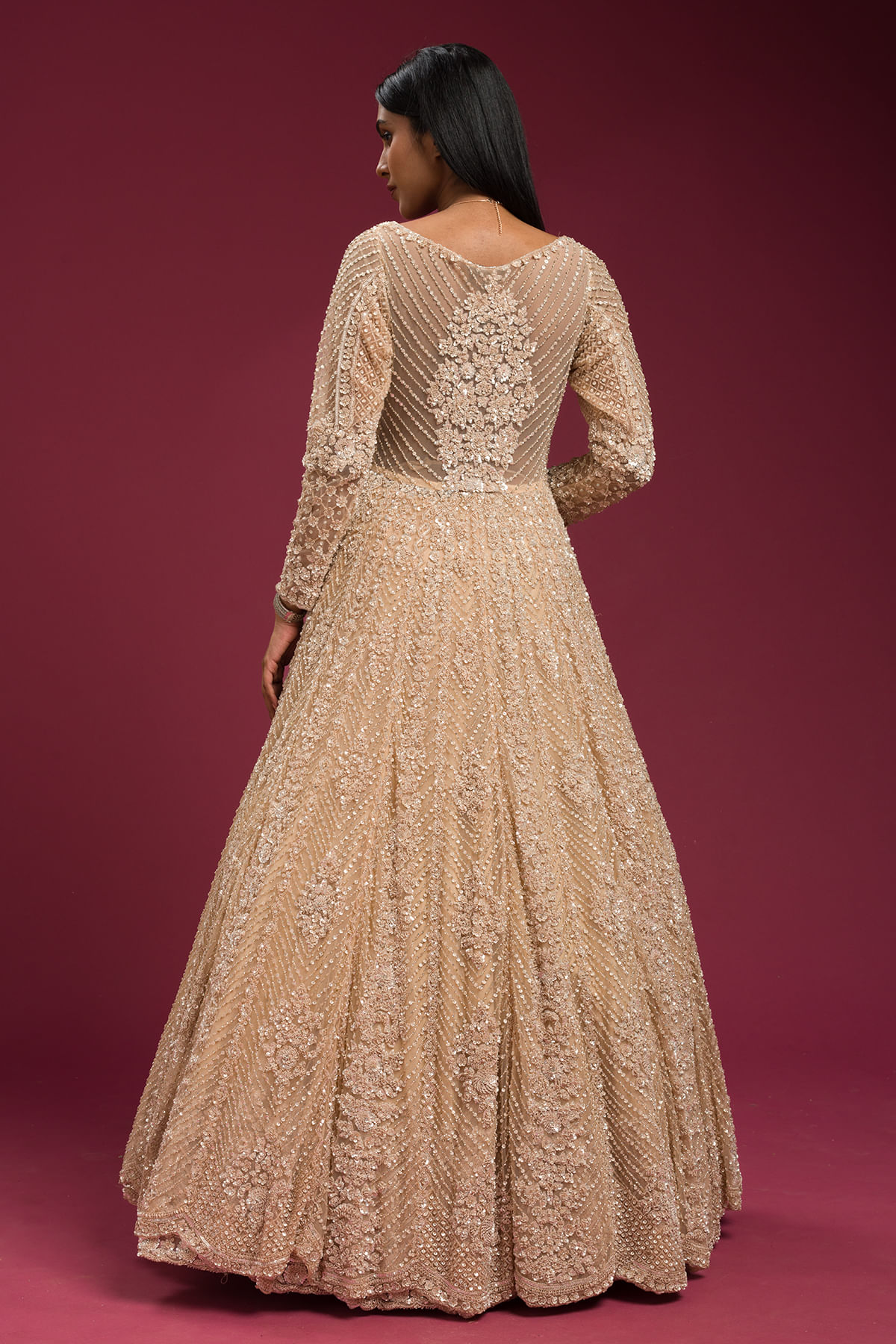 Indian Beige Pearl & Sequins Net Jacket Lehenga (3-Piece) - Image 5