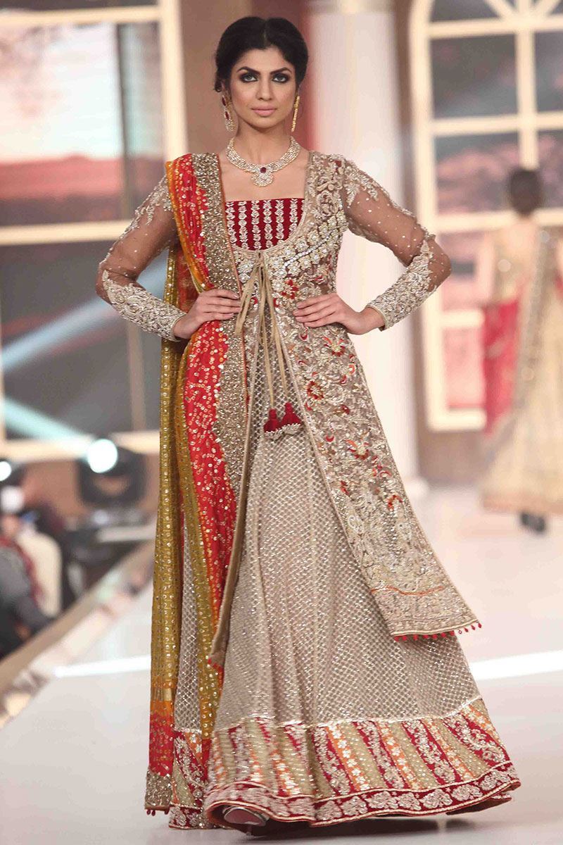 Beige and Red Embellished Net Lehenga (3-Piece) - Image 1