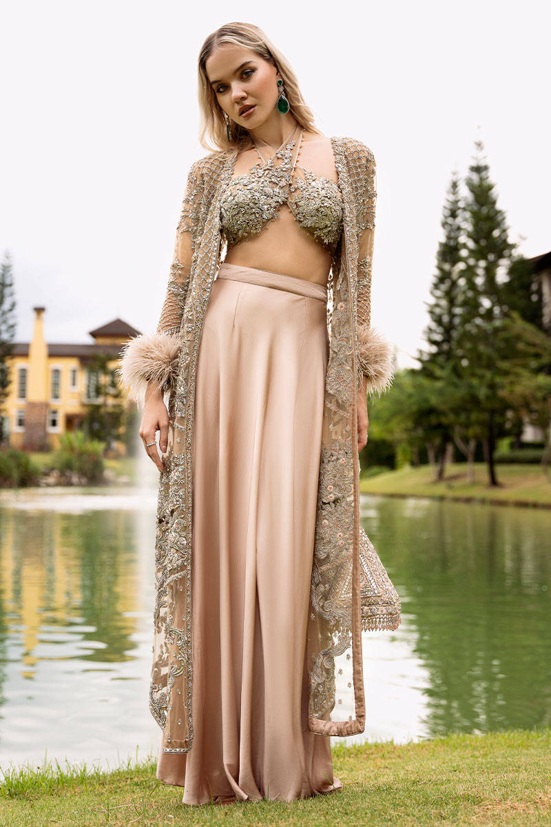 Nude Embellished Pure Net Jacket with Silk Lehenga (3-Piece) - Image 1