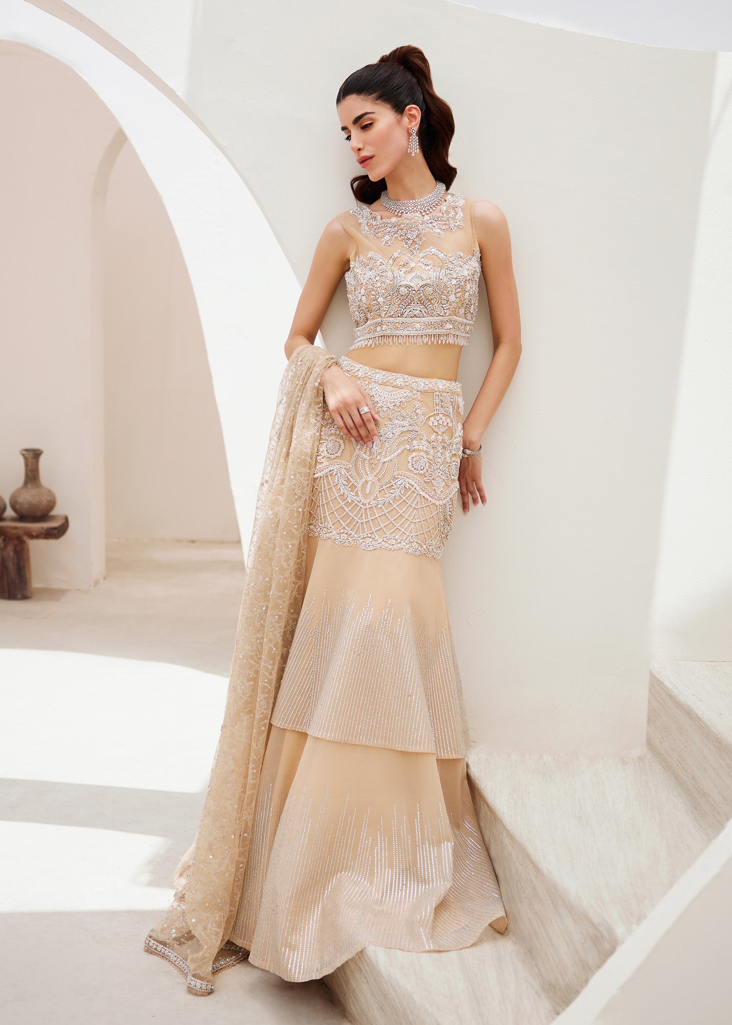 Beige Embellished Net Lehenga Choli (3-Piece) - Image 5