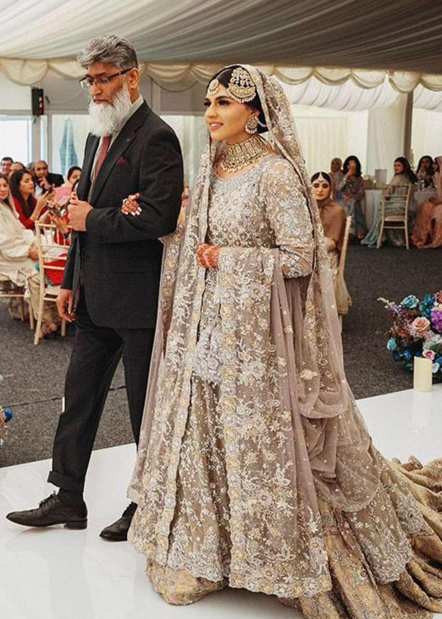 Pakistani Taupe Embroidered Net Bridal Lehenga (3-Piece) - Image 1