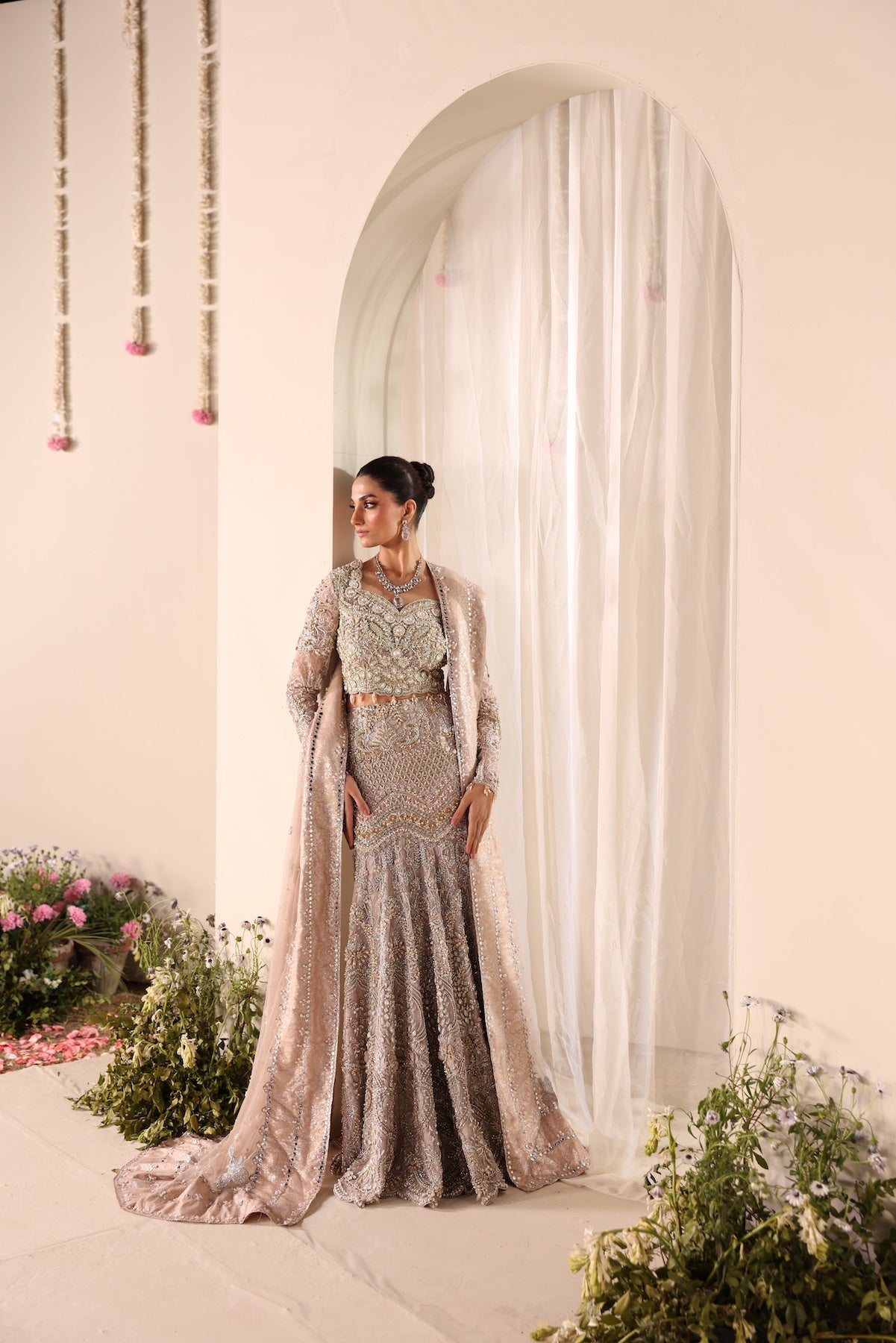 Soft Beige Embroidered Net Bridal Lehenga (3-Piece) - Image 1