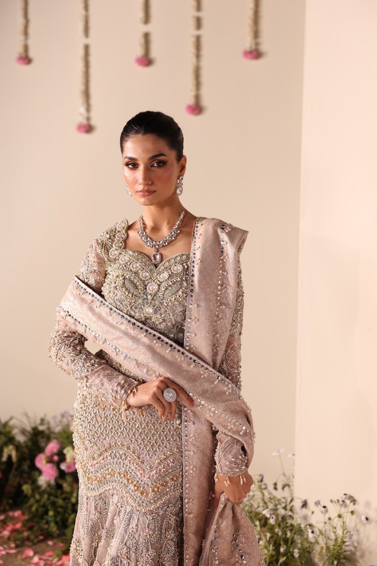 Soft Beige Embroidered Net Bridal Lehenga (3-Piece) - Image 11