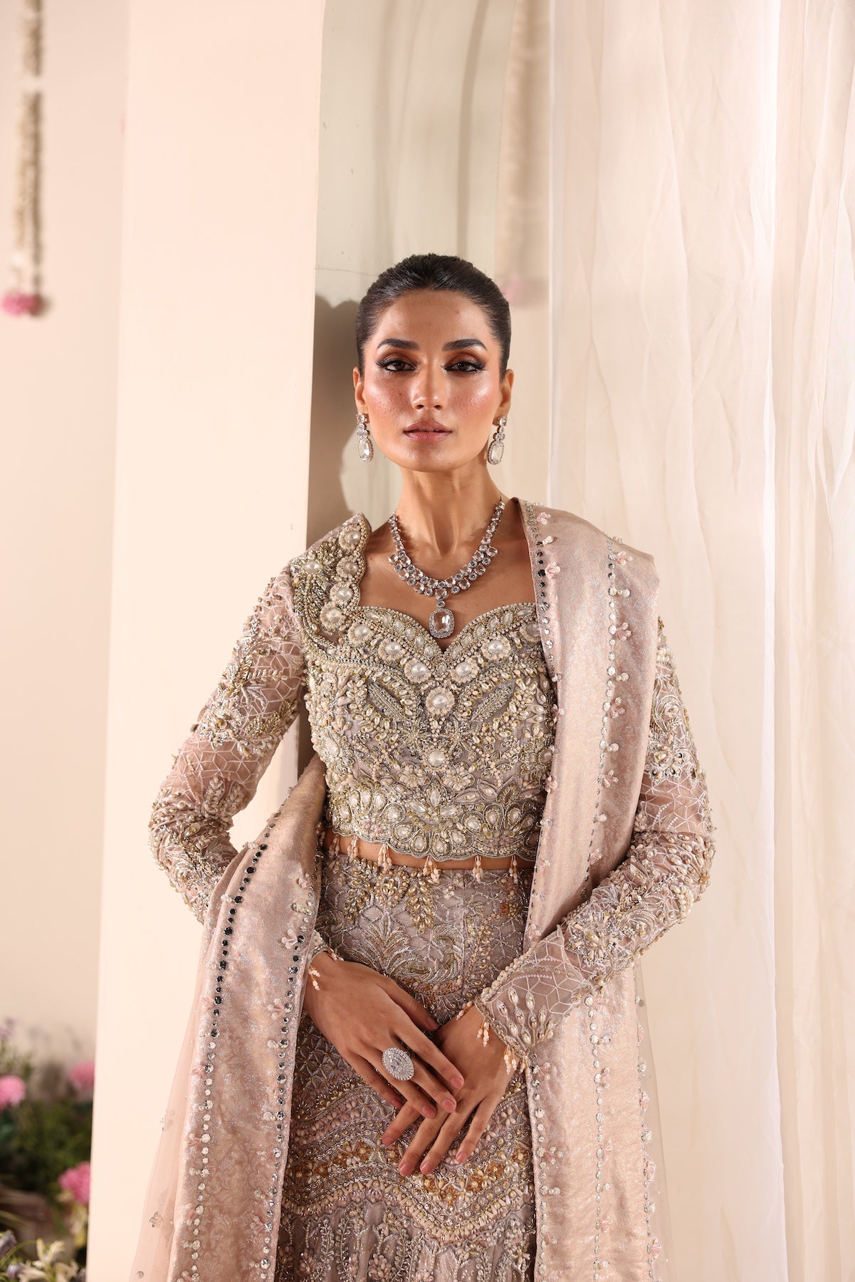 Soft Beige Embroidered Net Bridal Lehenga (3-Piece) - Image 2