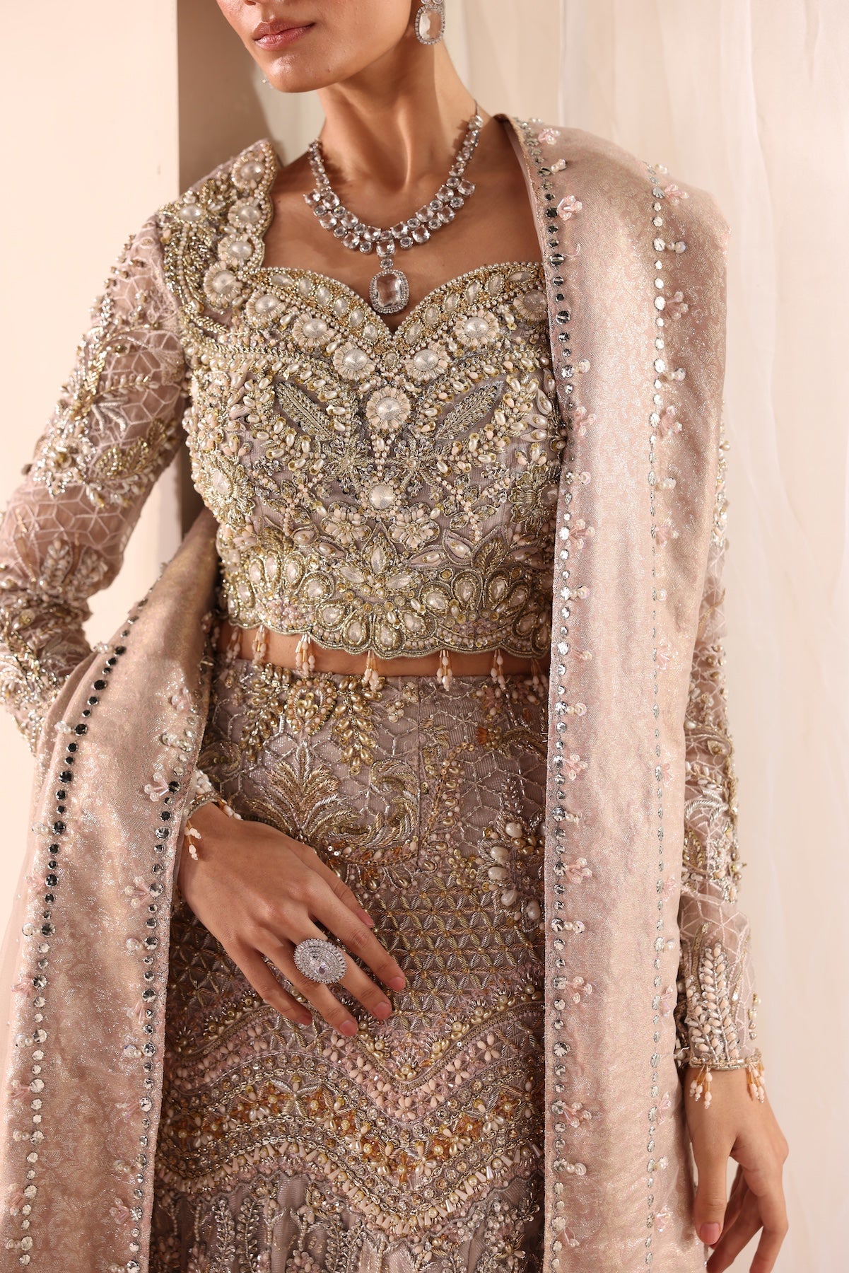 Soft Beige Embroidered Net Bridal Lehenga (3-Piece) - Image 3