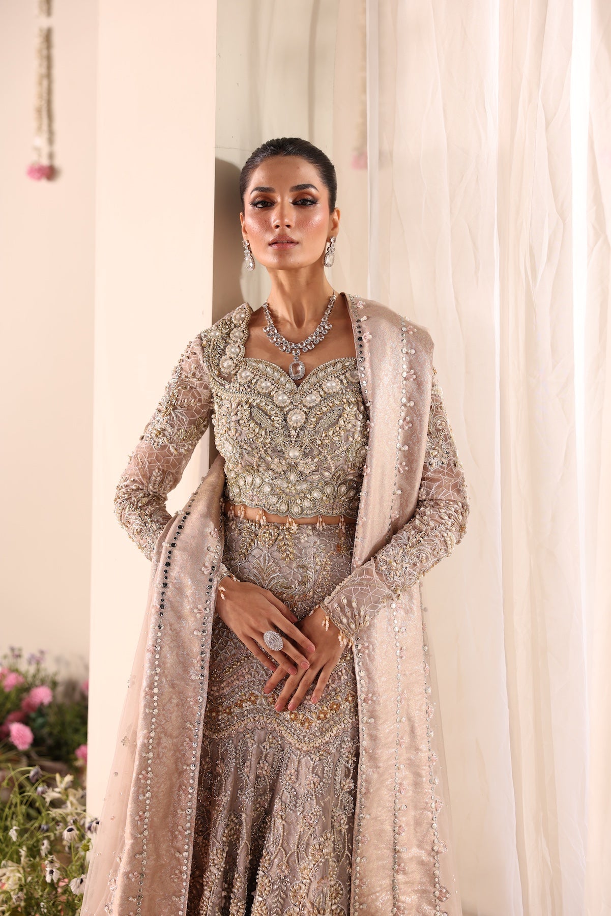 Soft Beige Embroidered Net Bridal Lehenga (3-Piece) - Image 4