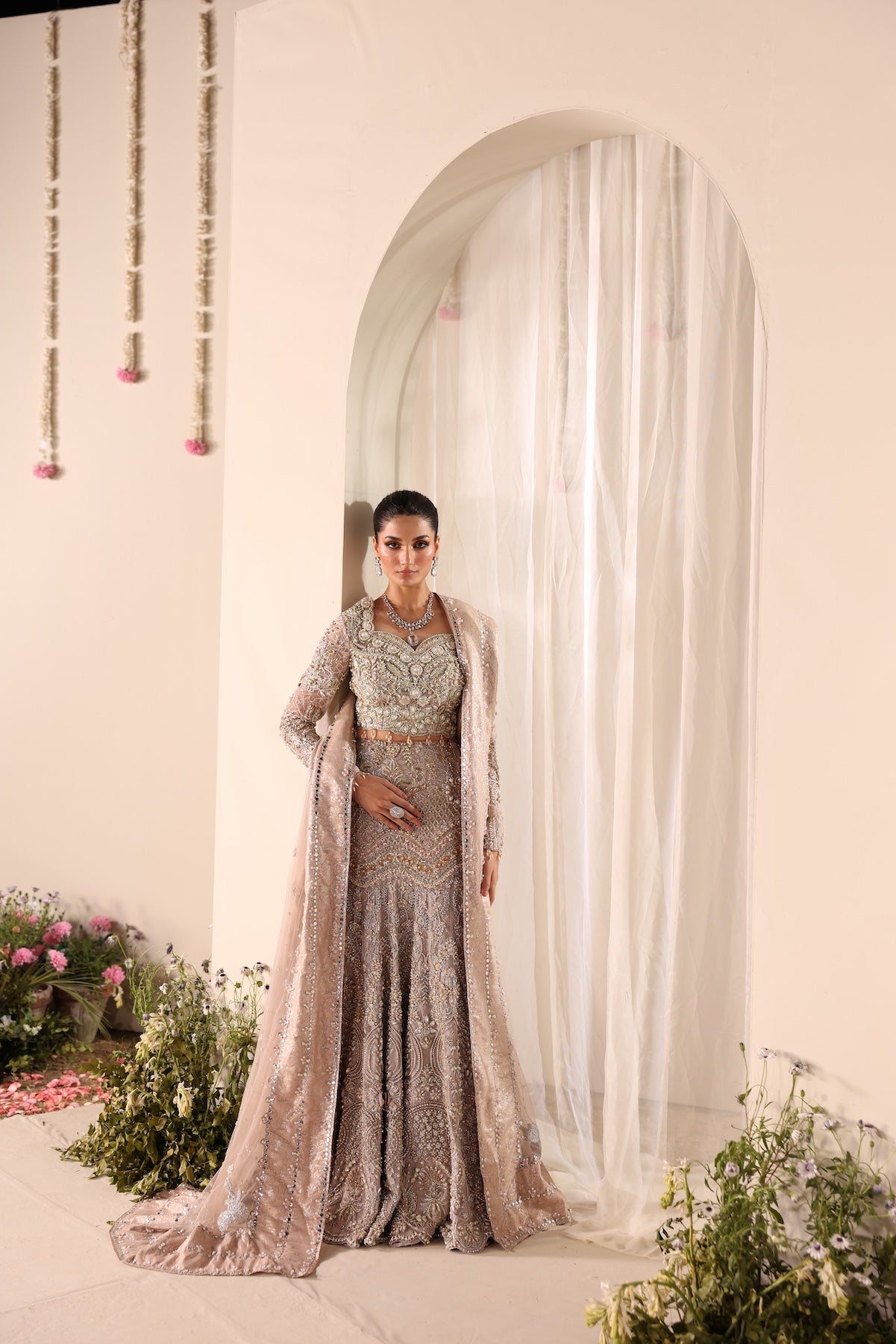 Soft Beige Embroidered Net Bridal Lehenga (3-Piece) - Image 5