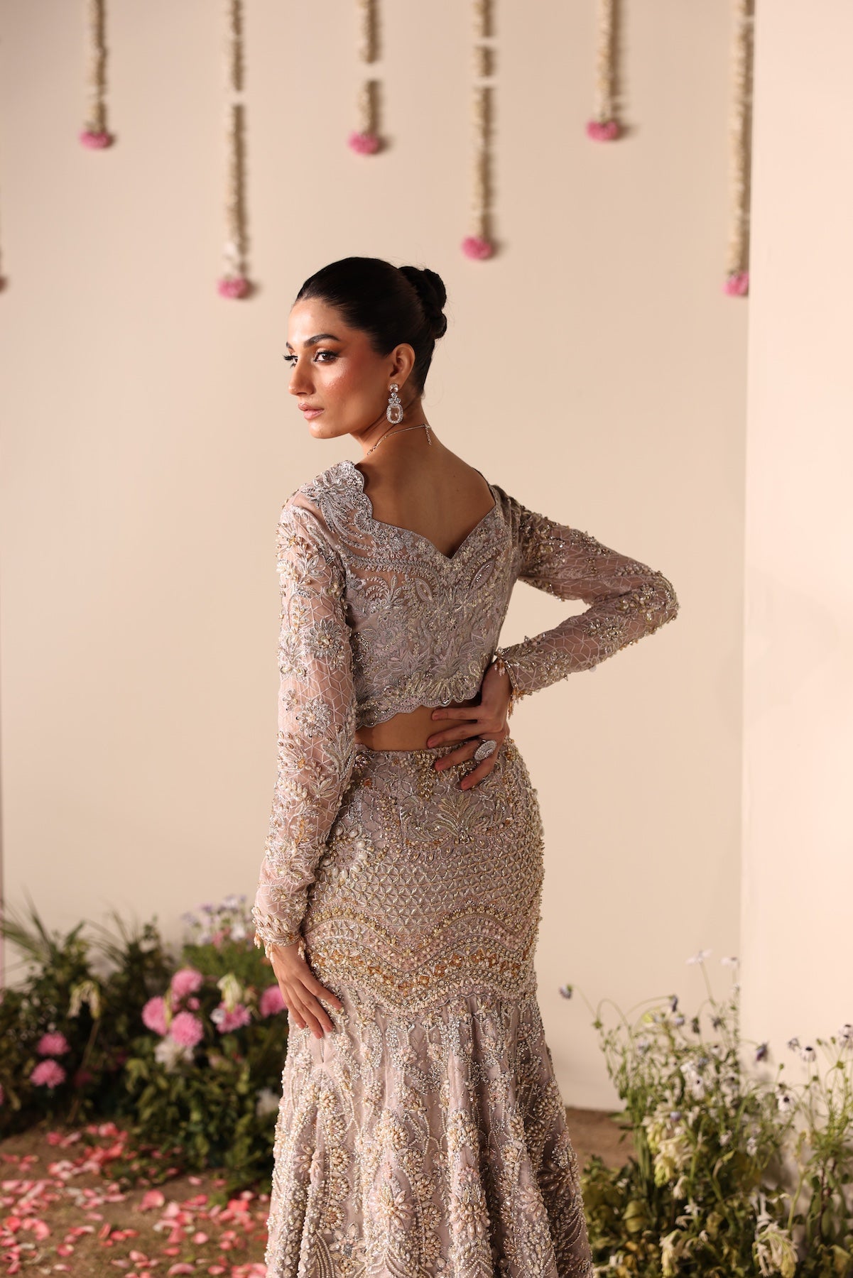 Soft Beige Embroidered Net Bridal Lehenga (3-Piece) - Image 7