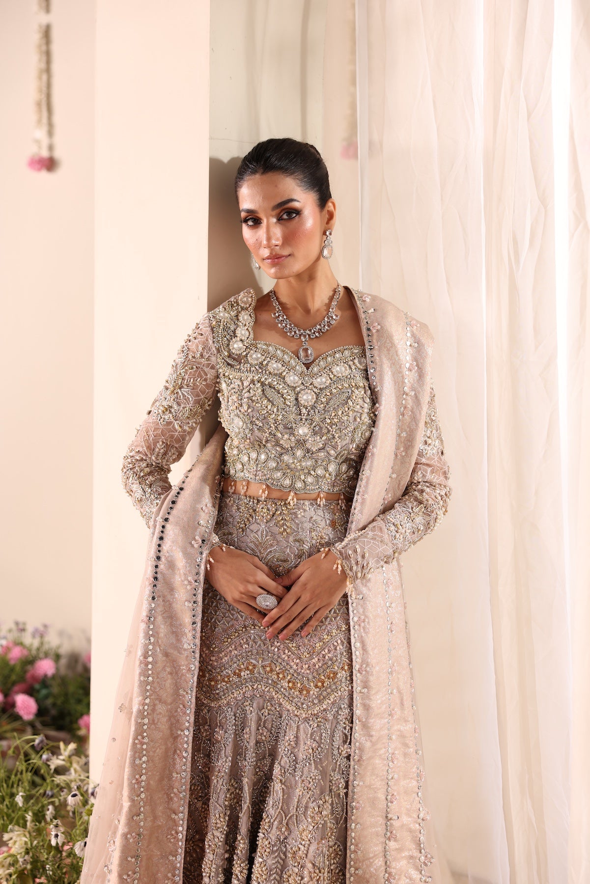 Soft Beige Embroidered Net Bridal Lehenga (3-Piece) - Image 8