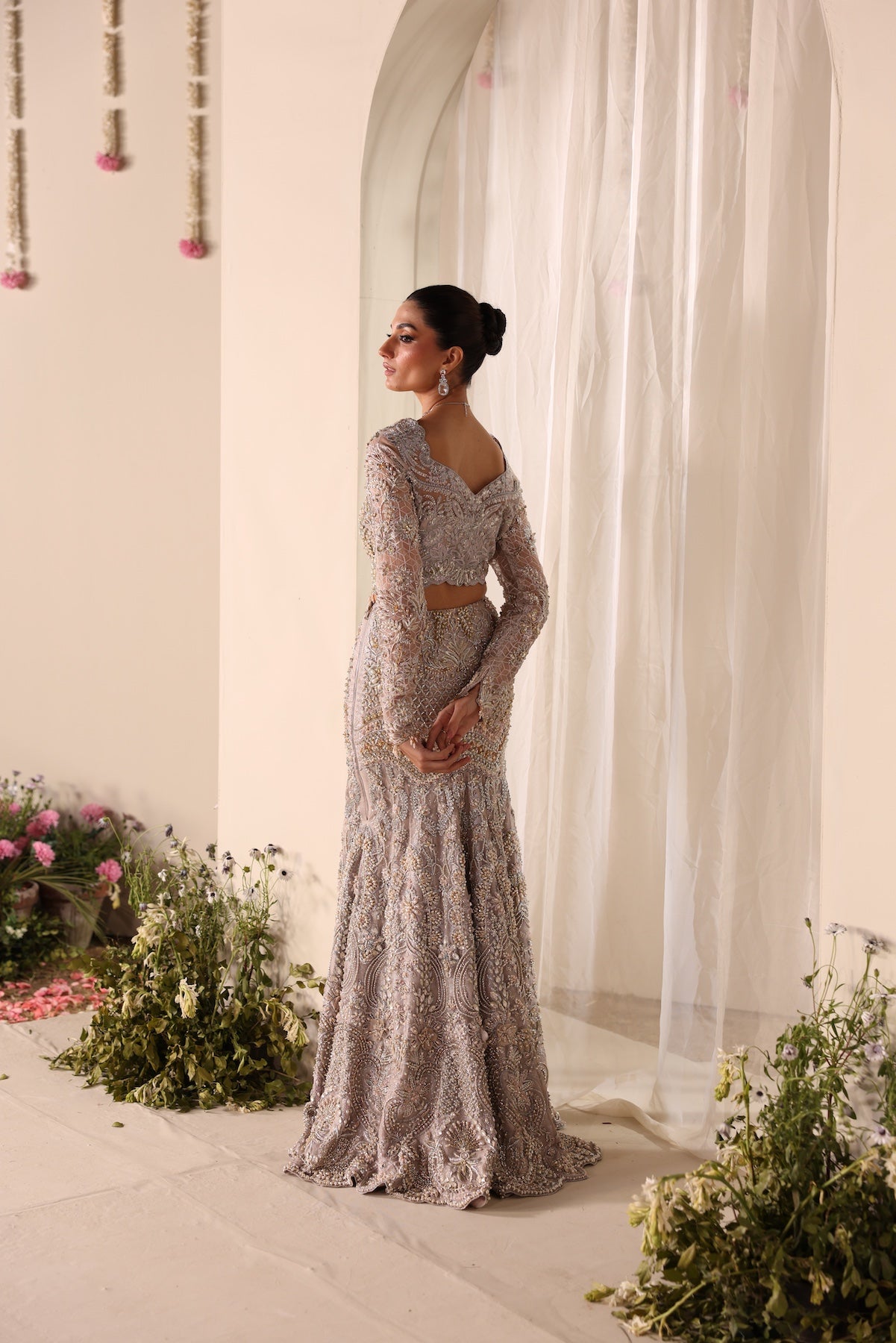 Soft Beige Embroidered Net Bridal Lehenga (3-Piece) - Image 9