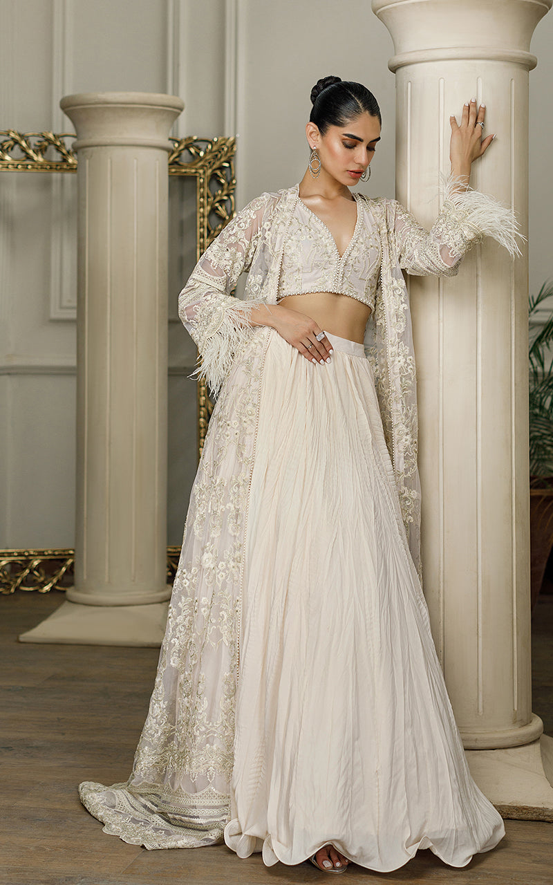 Pakistani Beige Embroidered Net Jacket Lehenga (3-Piece) - Image 1