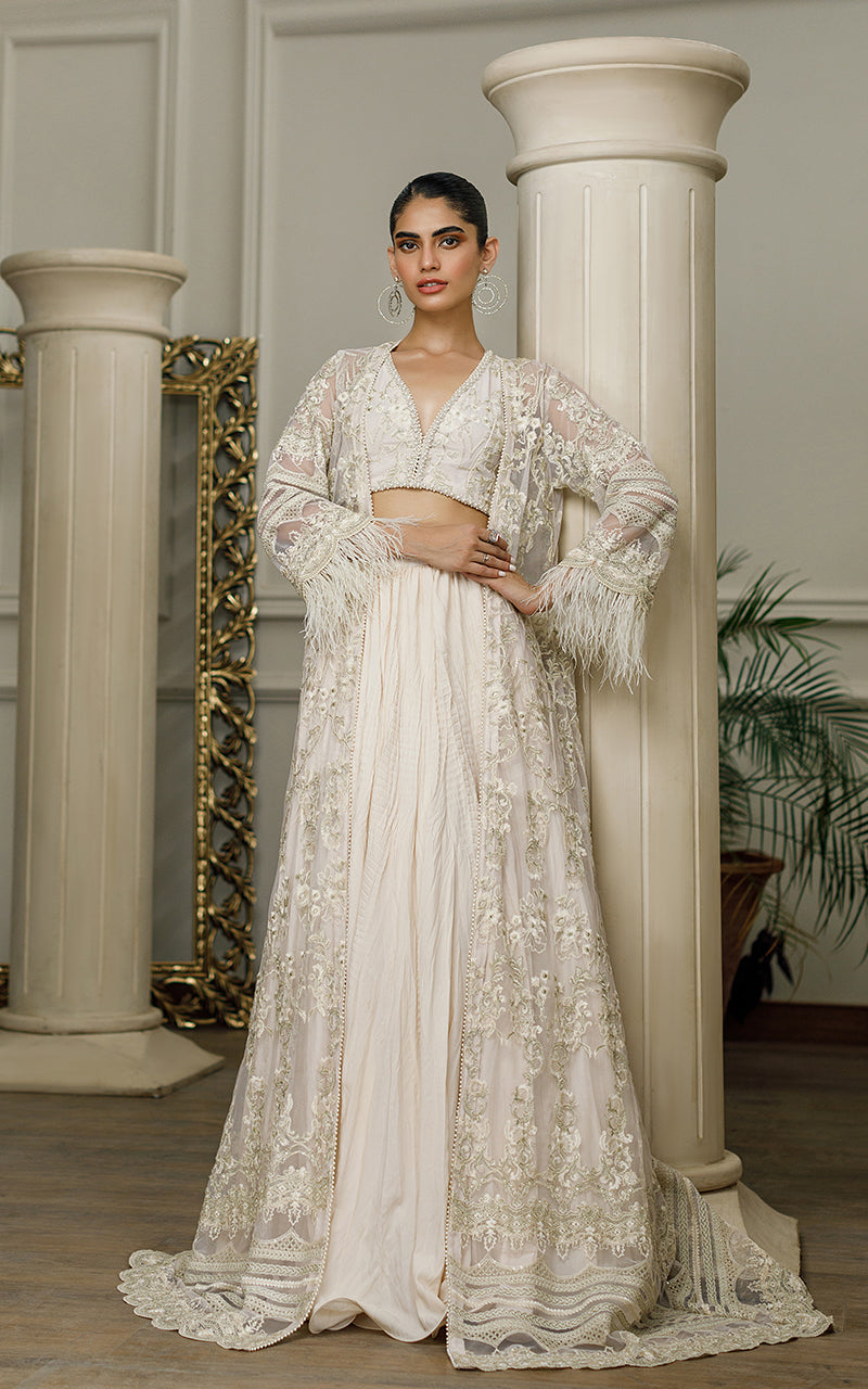 Pakistani Beige Embroidered Net Jacket Lehenga (3-Piece) - Image 2