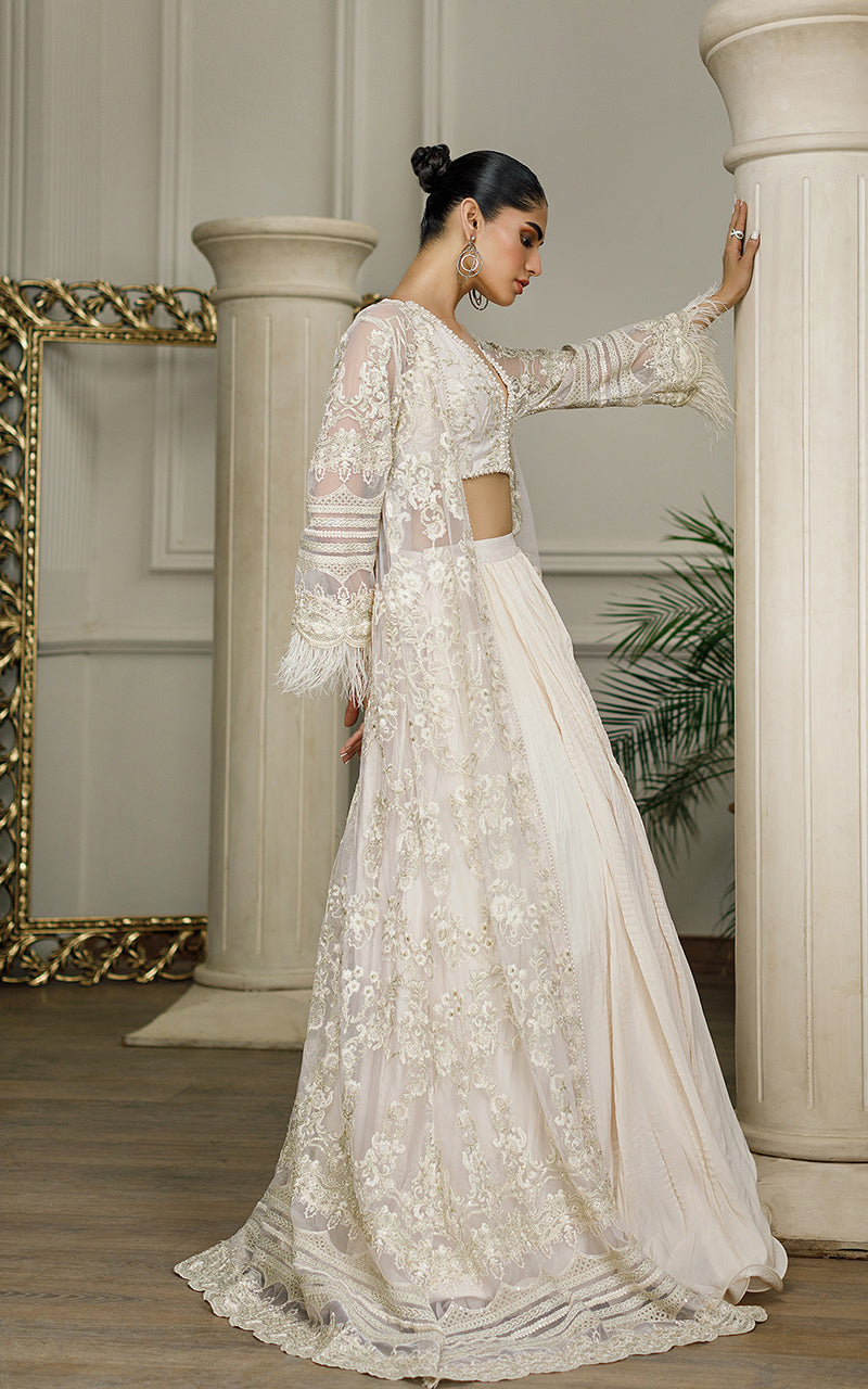 Pakistani Beige Embroidered Net Jacket Lehenga (3-Piece) - Image 3