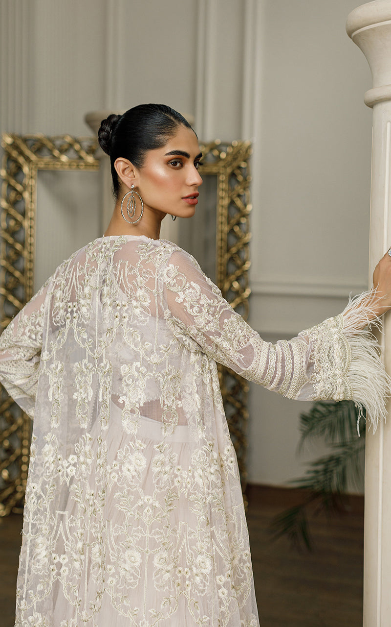 Pakistani Beige Embroidered Net Jacket Lehenga (3-Piece) - Image 4