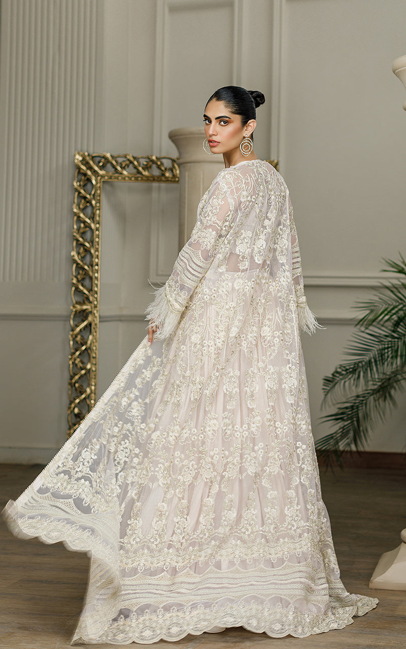 Pakistani Beige Embroidered Net Jacket Lehenga (3-Piece) - Image 5