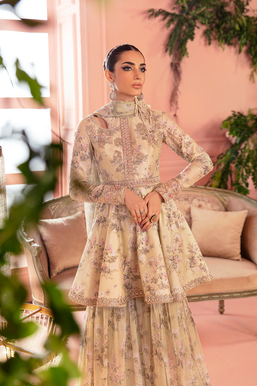 Pastel Beige Floral Embroidered Organza Peplum Lehenga (3-Piece) - Image 1