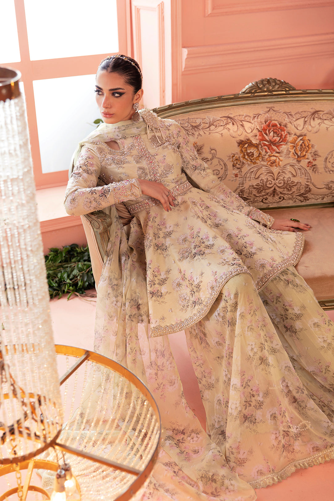 Pastel Beige Floral Embroidered Organza Peplum Lehenga (3-Piece) - Image 2