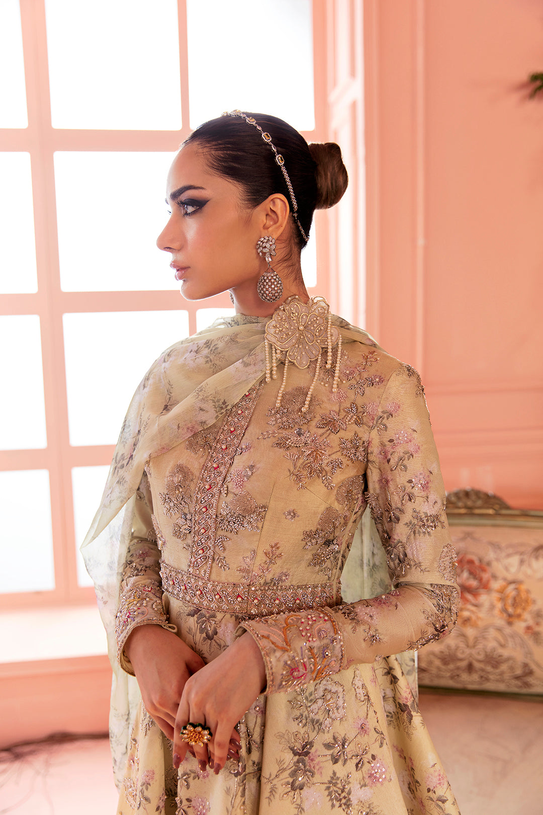 Pastel Beige Floral Embroidered Organza Peplum Lehenga (3-Piece) - Image 3