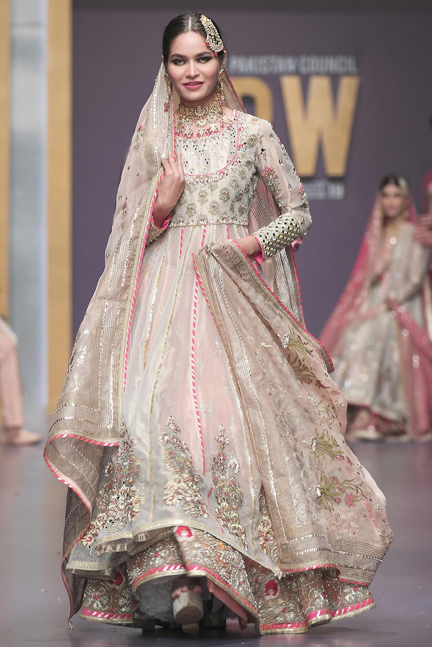 Pakistani Beige Embroidered Maysuri Tissue Anarkali Lehenga (3-Piece) - Image 1