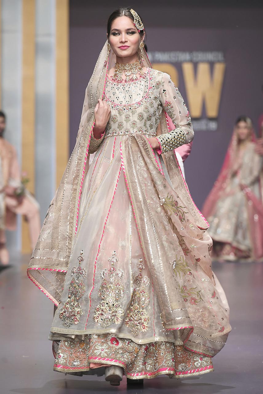 Pakistani Beige Embroidered Maysuri Tissue Anarkali Lehenga (3-Piece) - Image 2